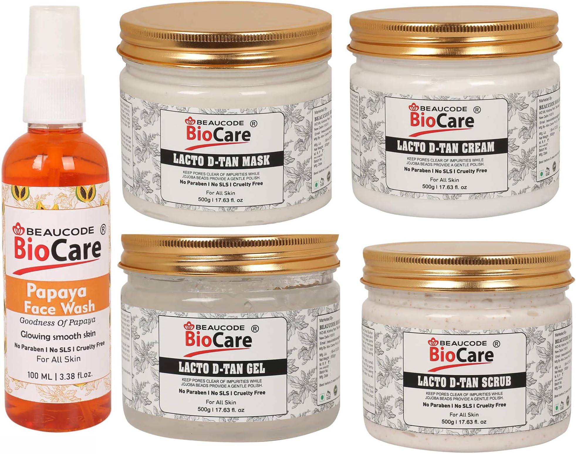 Beaucode Biocare Lacto D Tan Face And Body Cream || Mask || Gel & Scrub Facial Kit- 500g With Papaya Face Wash 100ml (Paraben|Sulfate & Cruelty Free) (Pack of 5)