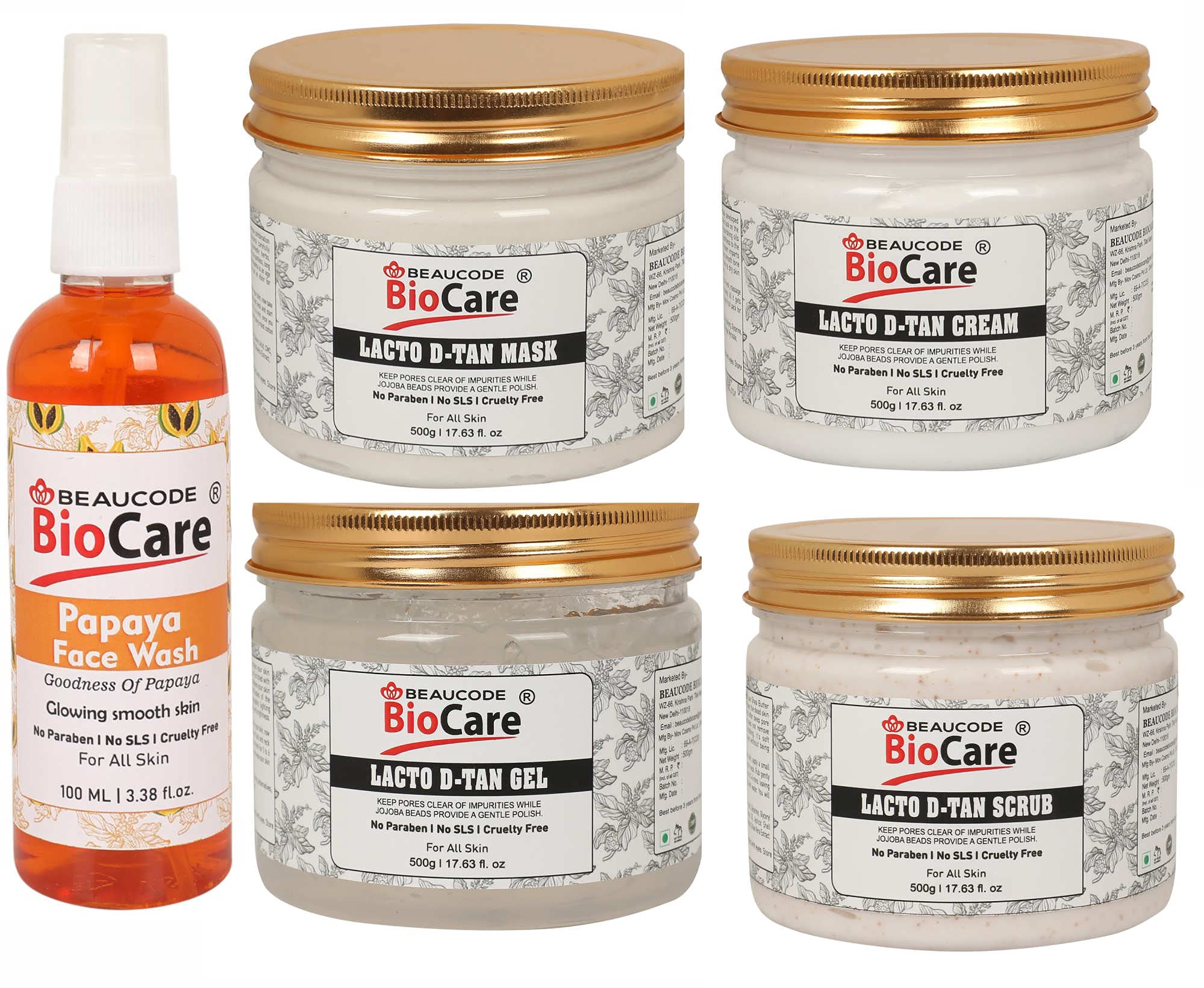 Beaucode Biocare Lacto D Tan Face And Body Cream || Mask || Gel & Scrub Facial Kit- 500g With Papaya Face Wash 100ml (Paraben|Sulfate & Cruelty Free) (Pack of 5)