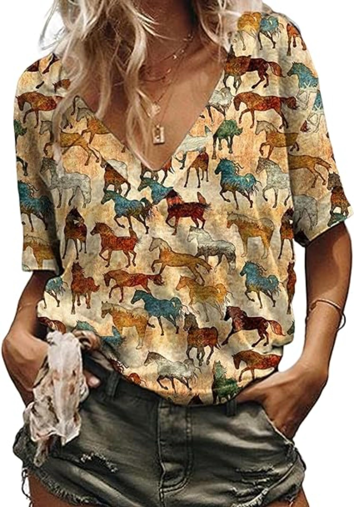 SasensWomen's Western Cactus Horse V-Neck T-Shirts Tops Vintage Pattern T-Shirt Novelty Short Sleeve T-Shirt Top