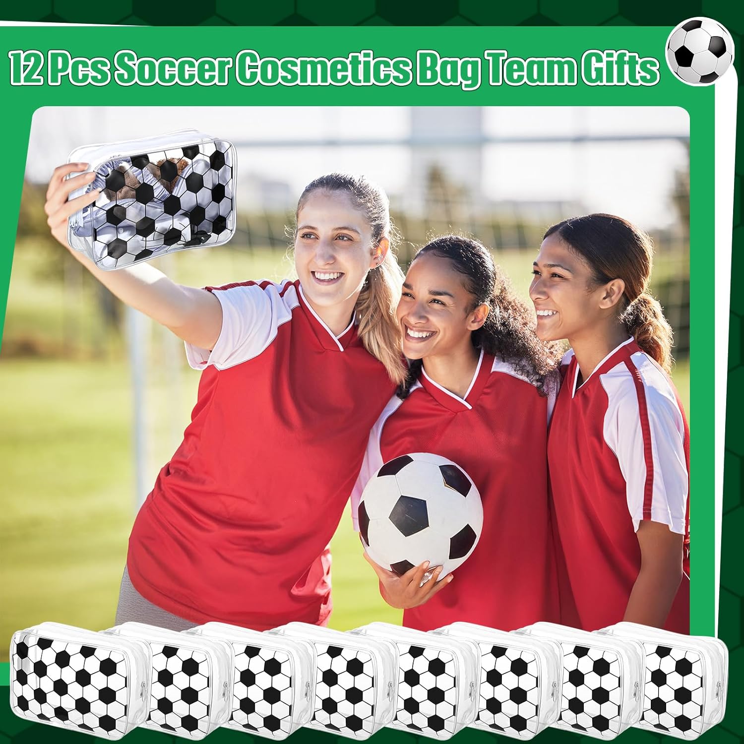 Reginary 12 Pcs Soccer Team Gifts Cosmetics Bag PVC Clear Portable Makeup Bags Organizer 7 x 4.3 x 2.4 '' Waterproof Sport Zippered Toiletry Carry Pouch for Coach Travel Party Supplies