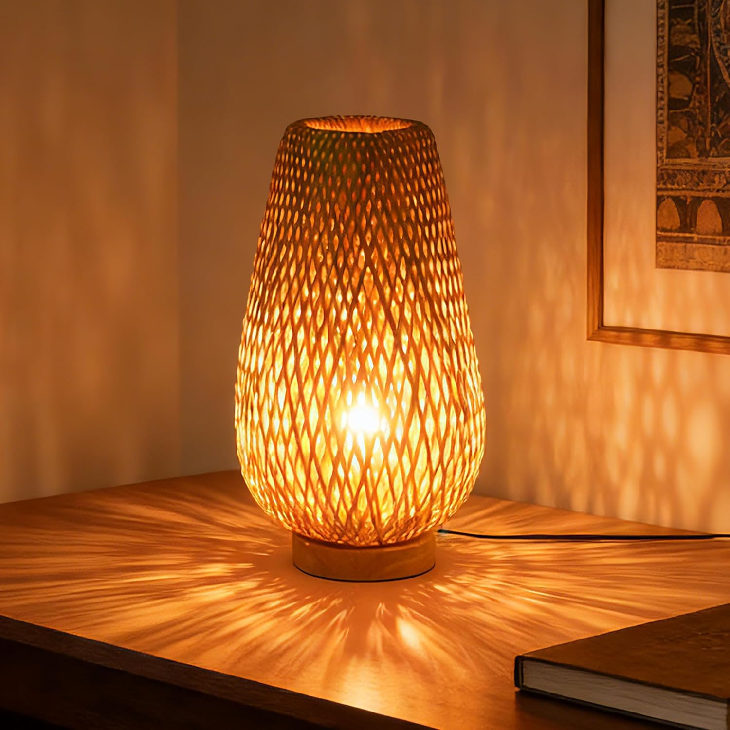 Boho Bamboo Table Lamp, Dimmable Rustic Farmhouse Hand Wicker Desk Lamp Bedside Lamps Night Light Decorations for Bedroom, Living Room, Home Office, Nursery, Reading Nook (Bulb Included)