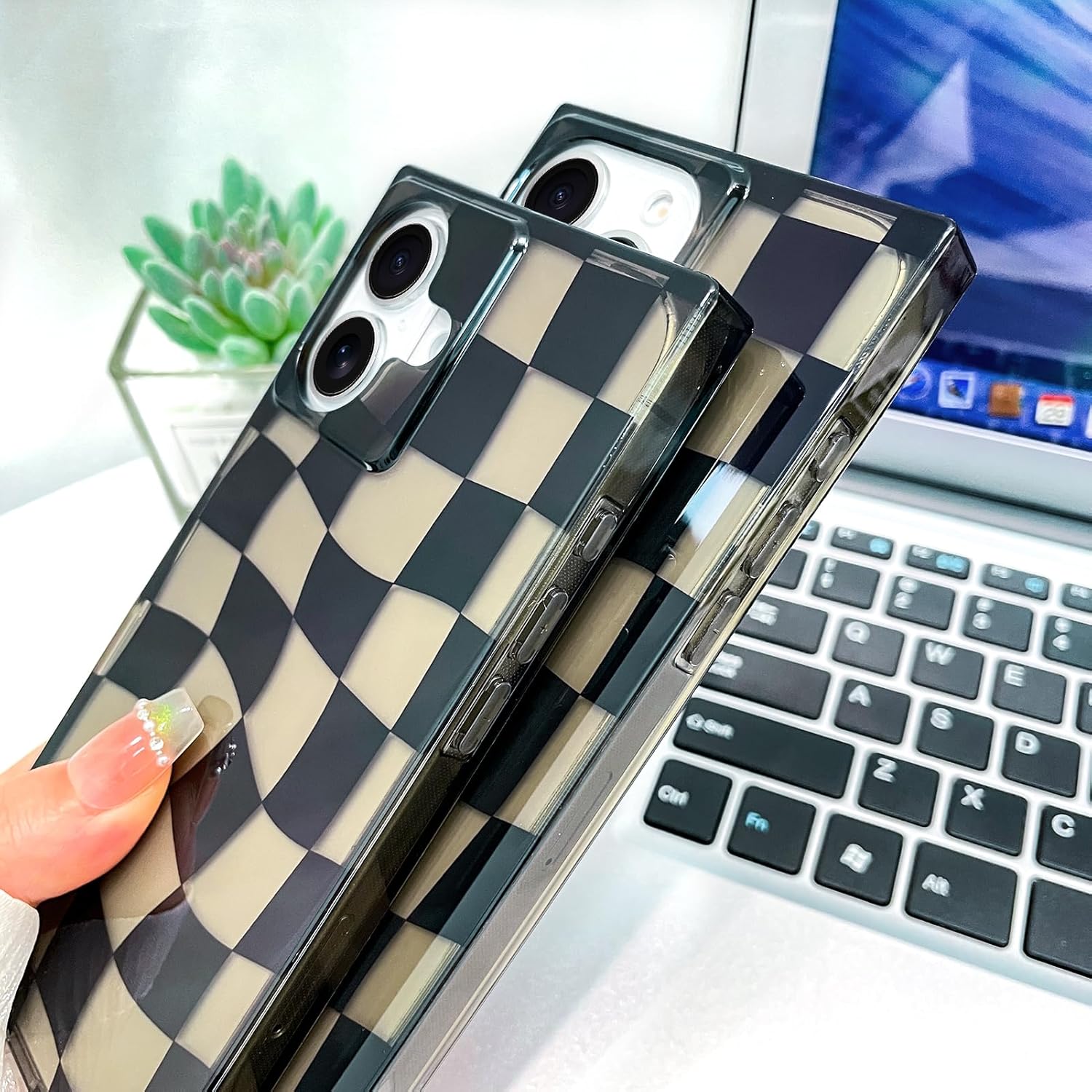 AIGOMARA Rectangle Checkered Phone Case for iPhone 16 with Screen Protector for Women Men, Cute Black Checkerboard Aesthetic Plaid Grids Design Hard PC Back Clear Protective Phone Case - Image 5