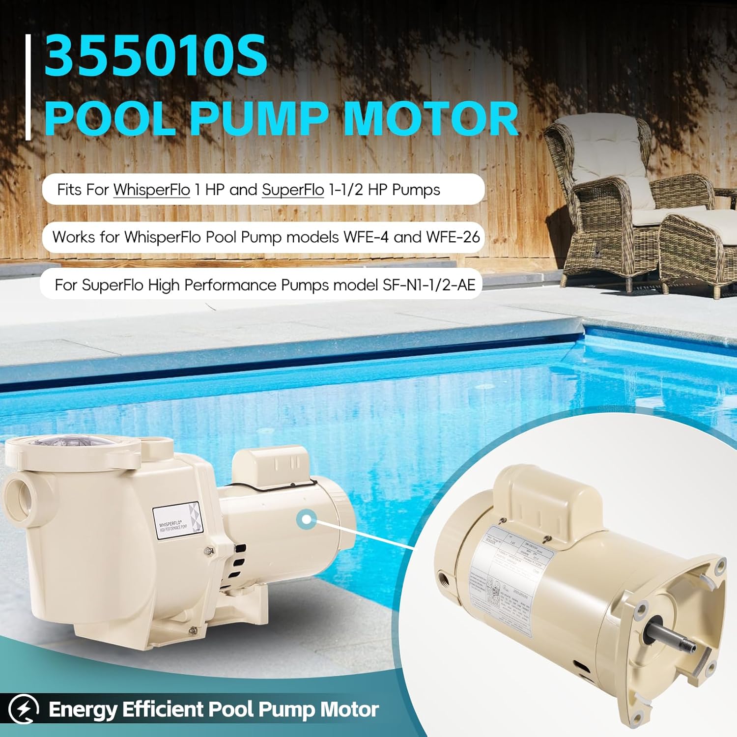 355010S Replacement Motor Energy Efficient Pool Pump Motor for WhisperFlo SuperFlo High Performance Pool Pumps WFE-4 WFE-26, 1 Speed, 1HP, Replace for 071314S 355010S Square Flange Motor