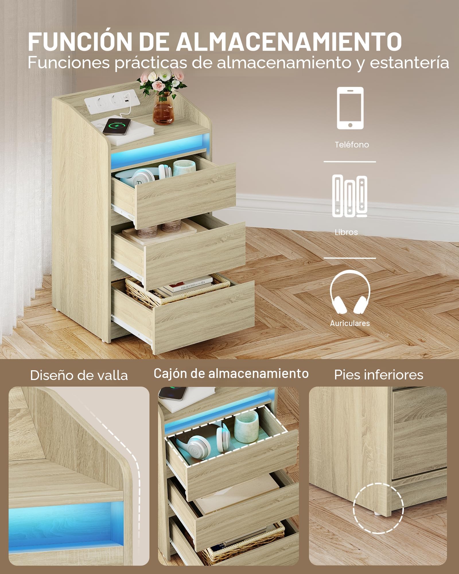 Hzuaneri Mesilla de Noche de 2 con 3 Cajones, Mesa Auxiliar con Estación de Carga y LED, 2 Tomas CA y 2 Puertos USB para Dormitorio, Salón, Color Roble NS40116X
