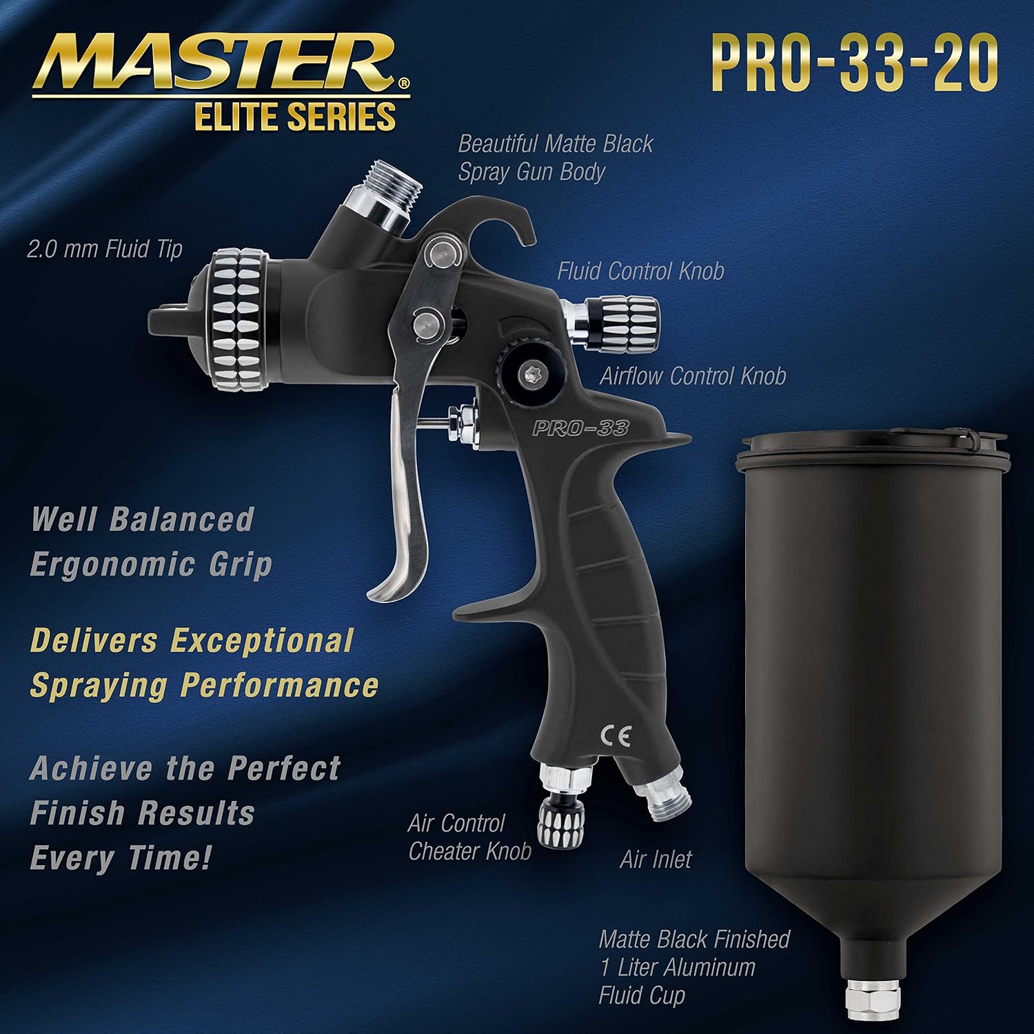 Master Elite High Performance PRO-33 HVLP Paint Sprayer Gun with 2.0mm Tip, 1L Cup, Regulator Gauge, MPS Adapter - Automotive Spray Paint Gun for Automotive Paint, Thick Enamels & Industrial Coatings
