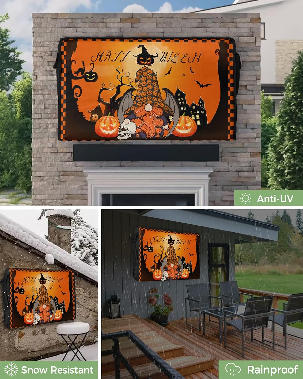 Outdoor TV Cover - Halloween Gnome with Bat Wings Pumpkin Ghost House Waterproof and Weatherproof 48"-50" LCD Movable Shield TV Display Screen Protector Outside Television Covers