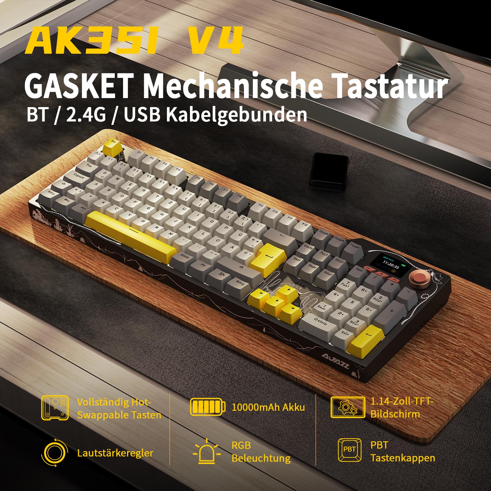 AJAZZ AK35I V3 MAX Mechanical Keyboard, 104-Key Hot Swappable Wireless Keyboard with TFT Screen and Volume Control Knob, RGB Backlit, 2.4GHz/USB-C/BT Gaming Keyboards, Black Grey Yellow