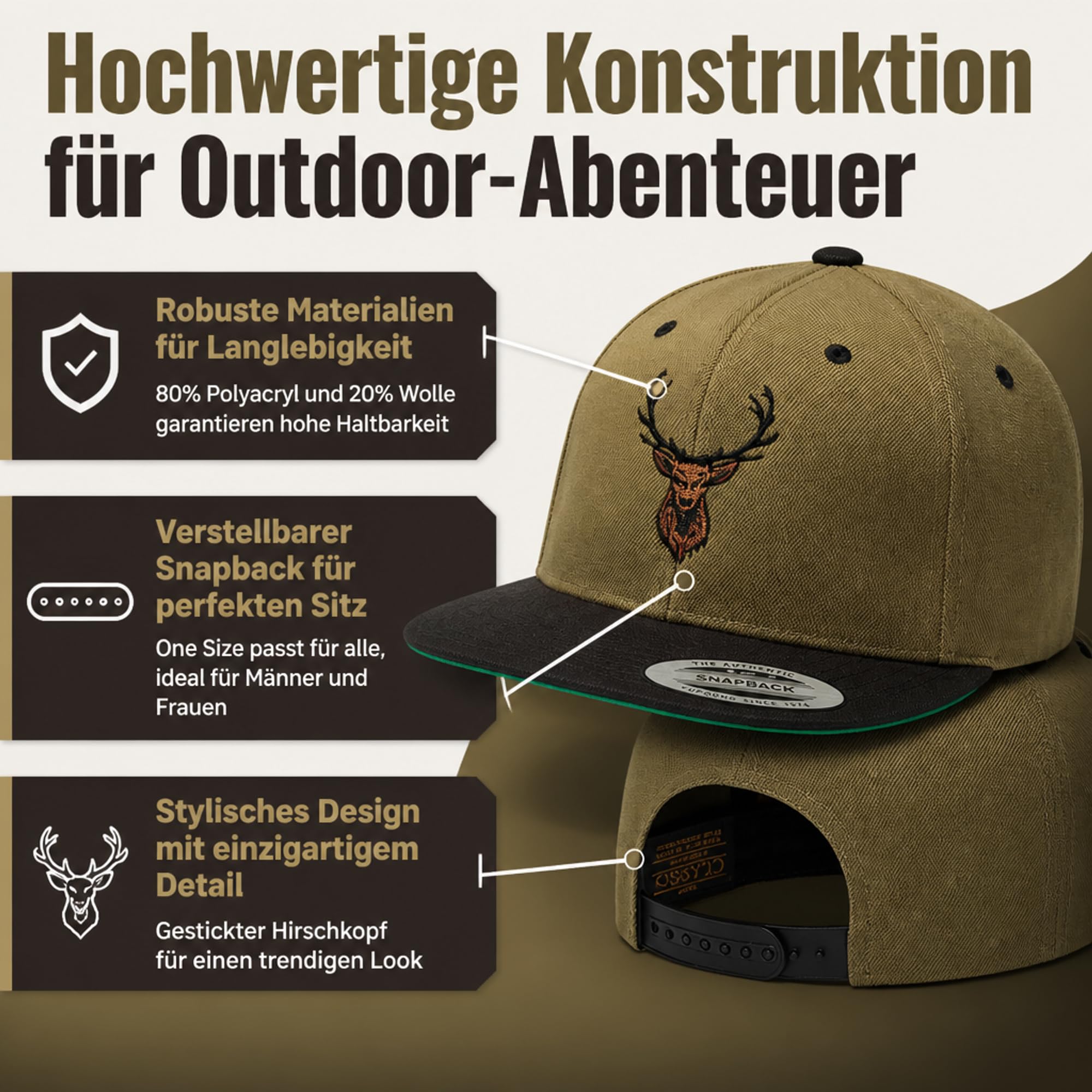 Cap Flexfit Snapback : Hirsch-Kopf - Outdoor Cap - Cappi für Naturliebhaber Herren & Damen Baseball Cap Kappe Mütze Outdoor Jäger Jagd Ausrüstung Wander Zubehör