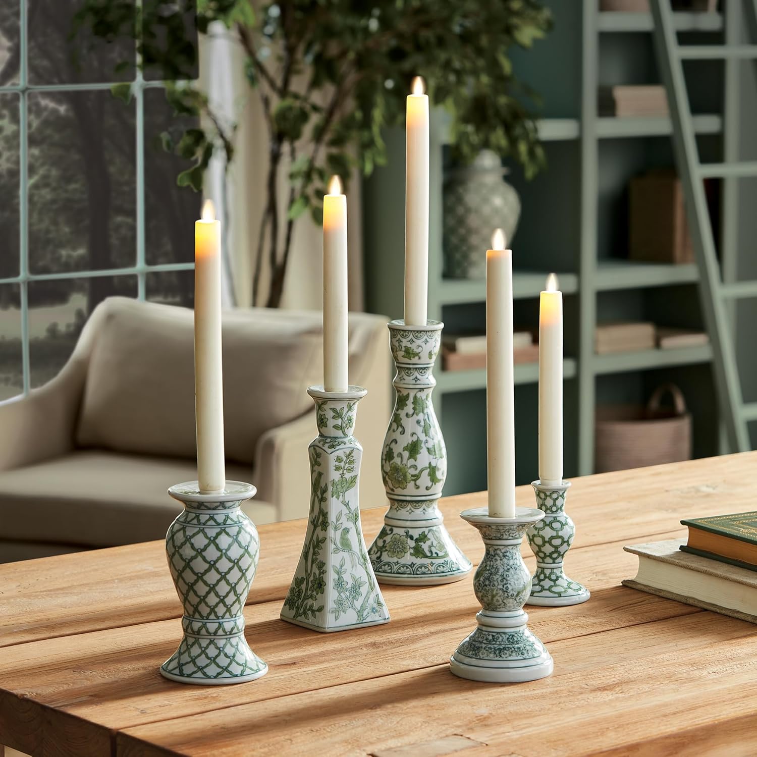 NAPA Home & Garden Napa Imperial Taper Holders Set of 5, Green/White