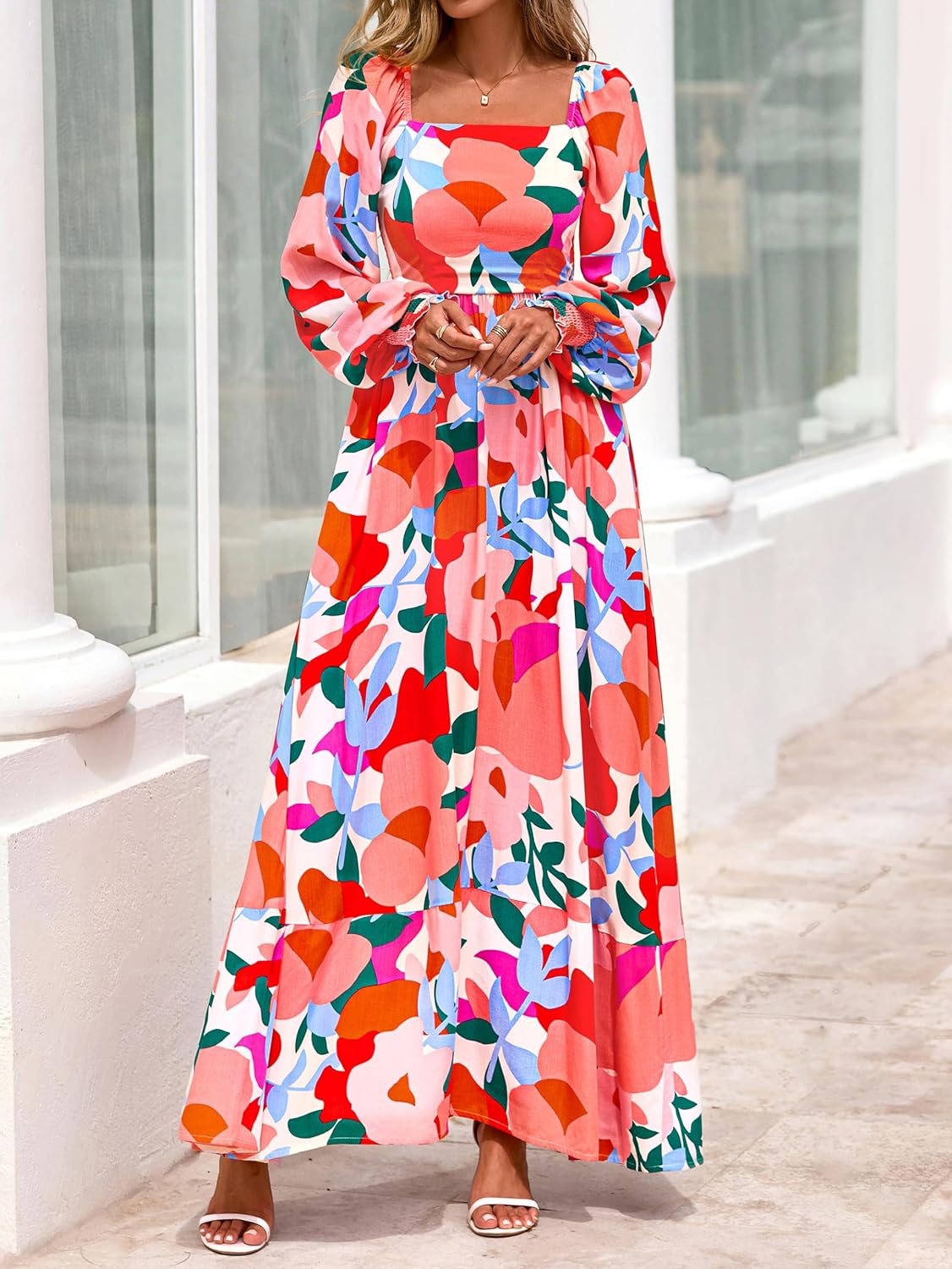 PRETTYGARDEN Women Floral Maxi Dresses 2026 Spring Long Sleeve Square Neck Boho A Line Wedding Guest Casual Flowy Long Dress - Image 3