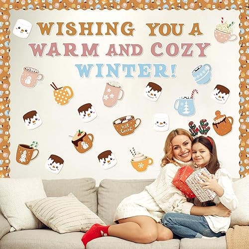 Miniatura 6 de Juego de 105 tablones de anuncios de taza de cacao de invierno con 10 hojas de puntos de pegamento, deseándote un cálido y acogedor recorte de papel