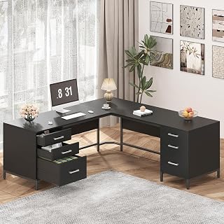 TVU 59’‘ L Shaped Desk with 6 Wood Drawers, Large Home Office Corner Computer Desk with Storage File Cabinet, Modern Metal Wood Desk for Executive Writing Study Workstation, Black