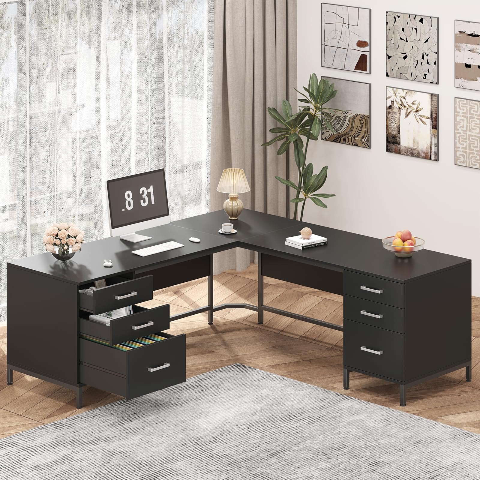 TVU 59 inch L shaped desk with six wood drawers in black