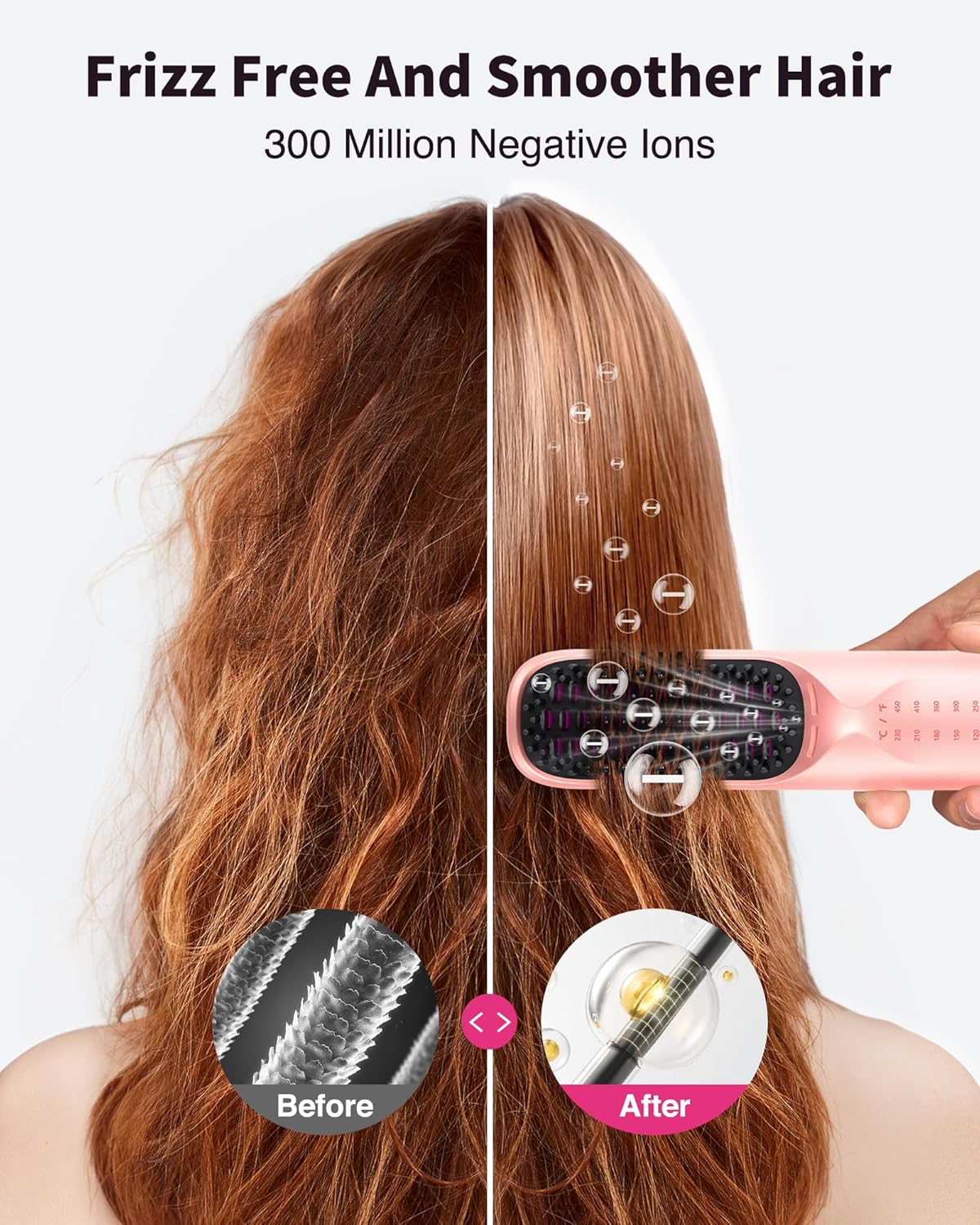 Cordless Hair Straightener Brush - Portable Hair Straightening Brush for Travel - 300M Negative Ions for Frizz-Free Shine, Touch Up On-The-Go, Fast Heating, Gift for Women, 10,000mAh, Powder Pink