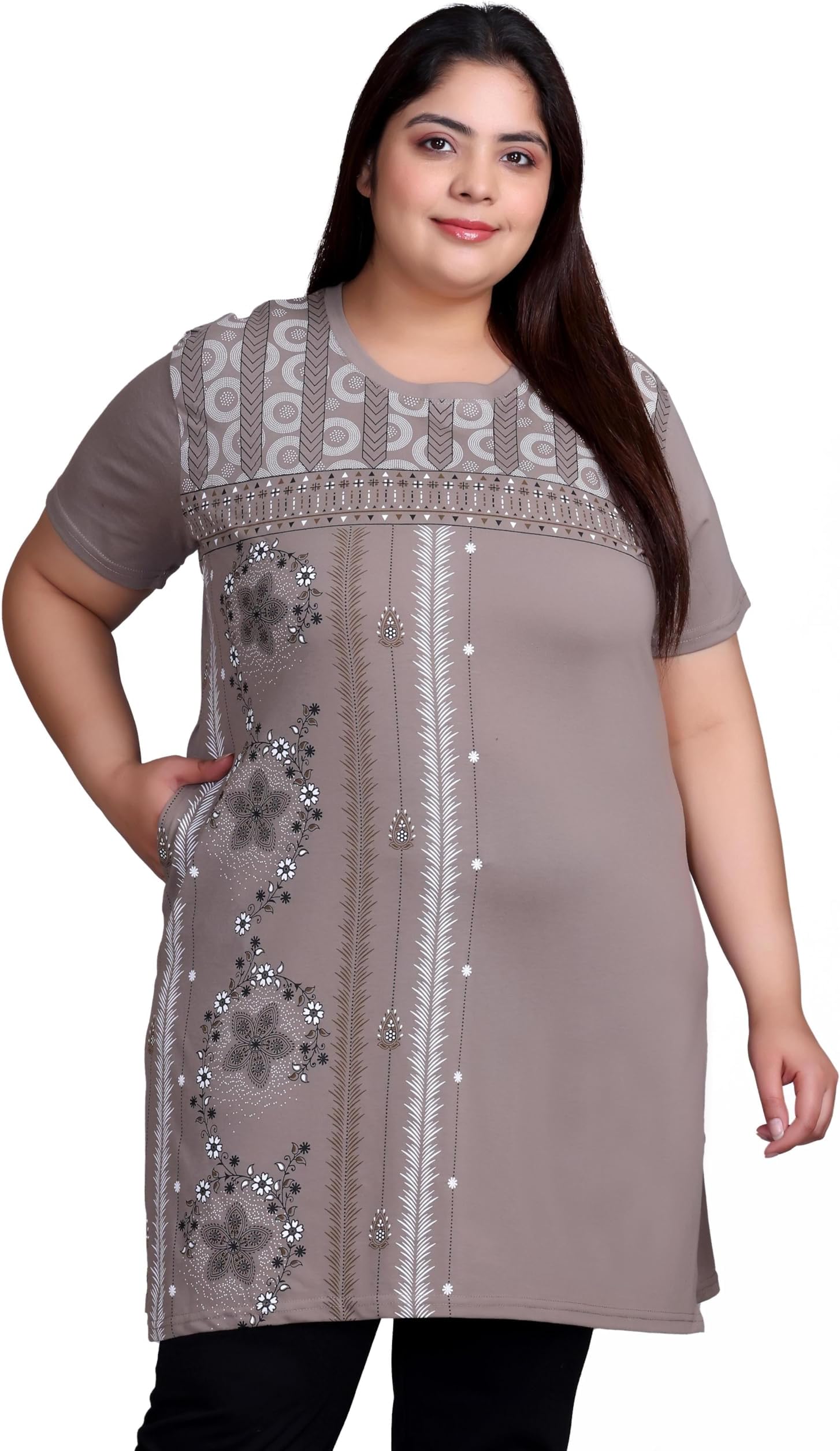 Women's Plus Size Longline T-Shirt with Ethnic Print, Side Slits Pockets