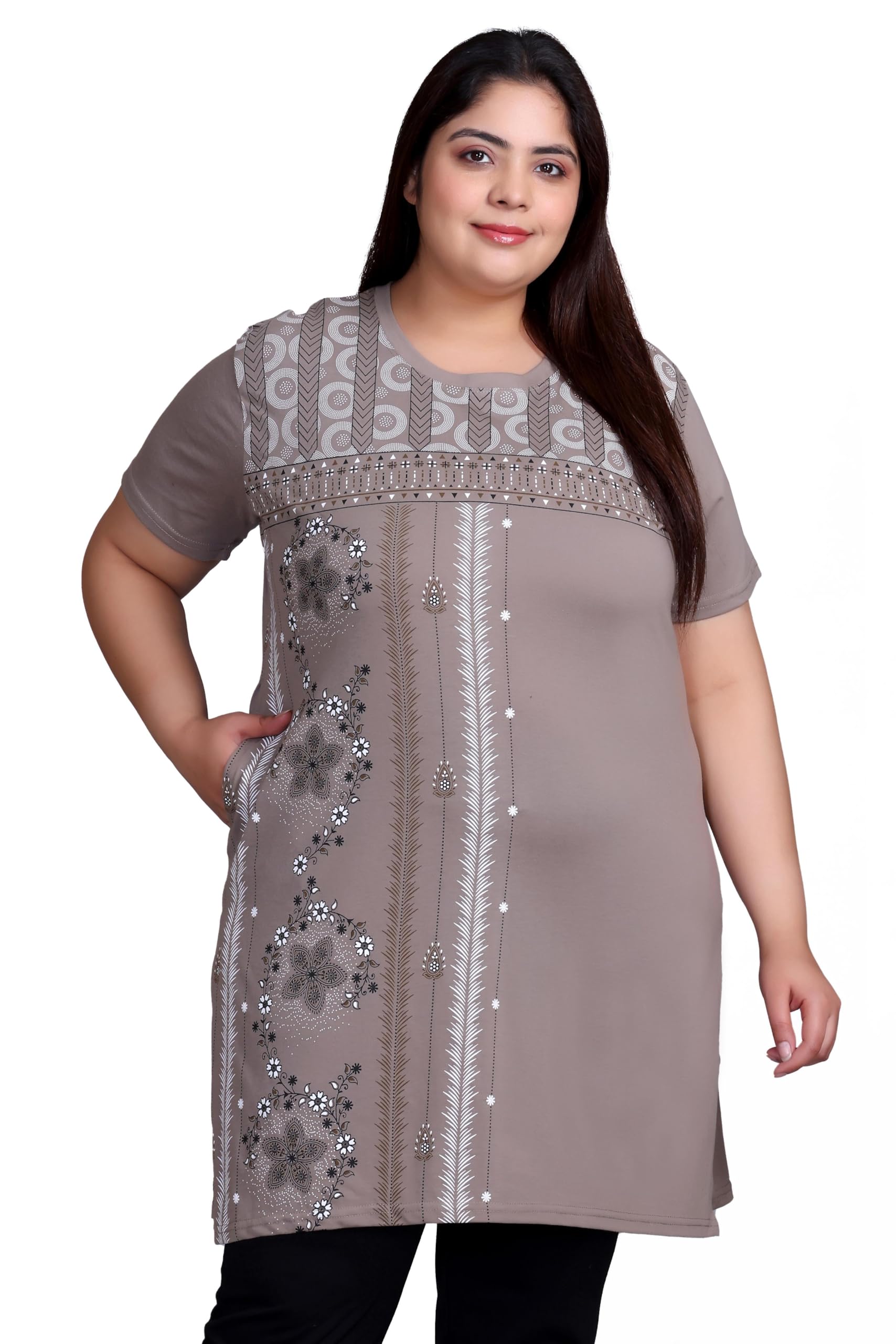 Women's Plus Size Longline T-Shirt with Ethnic Print, Side Slits Pockets
