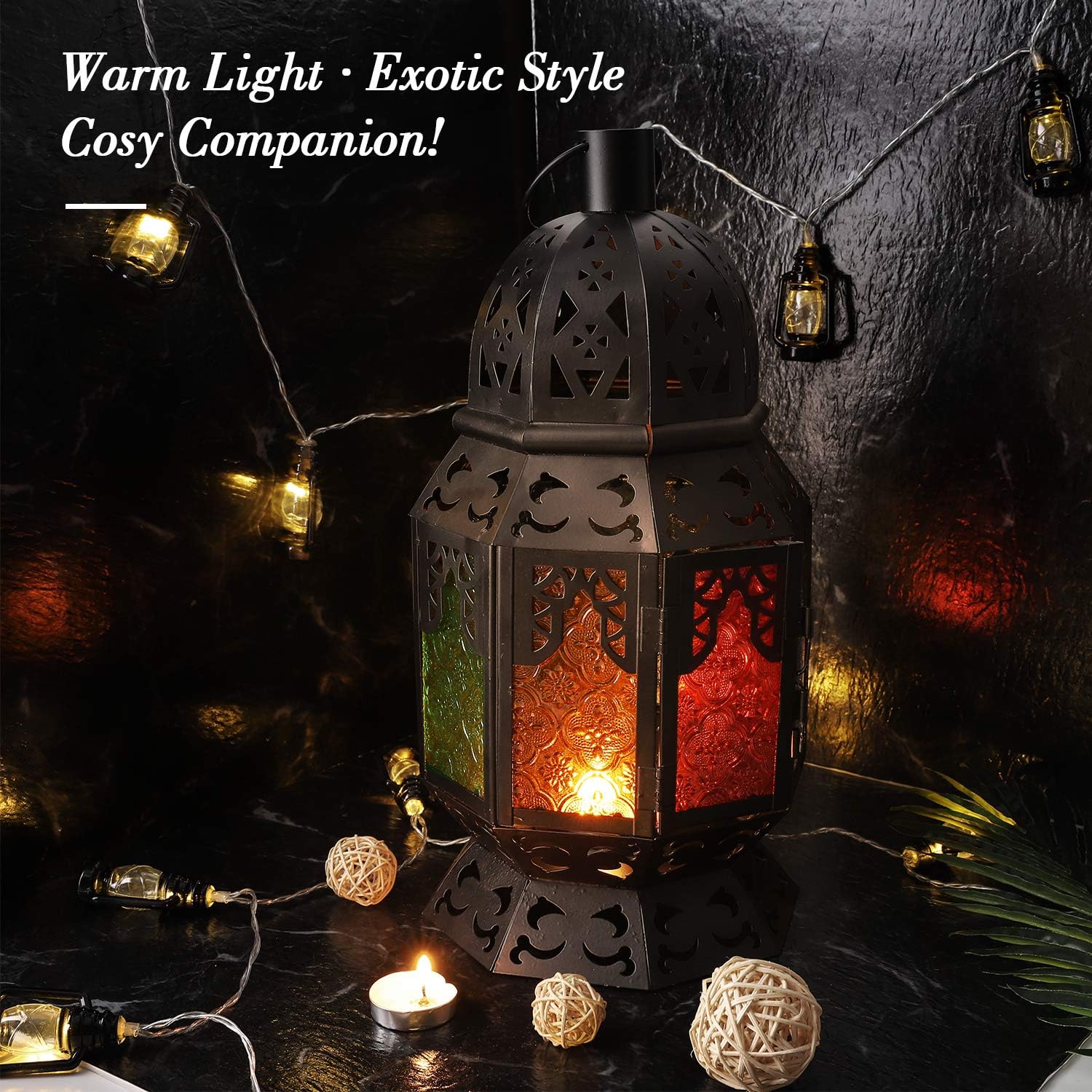 Lewondr Ramadan Lantern Decoration, Glass Moroccan Bookshelf Lantern, Retro