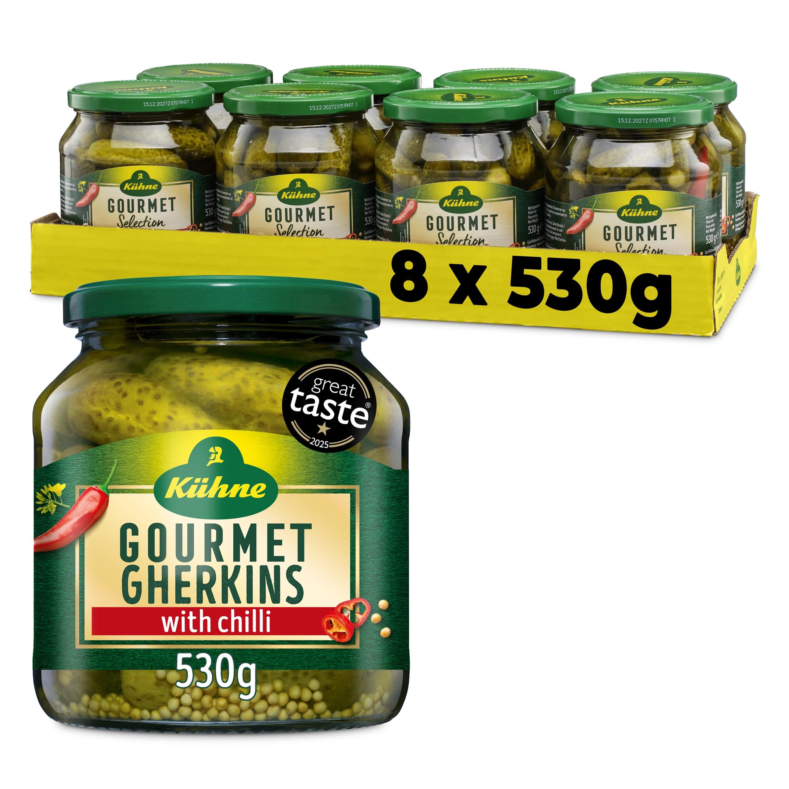 Kuhne Gherkins Gourmet Selection with Chilli, 530g, (Pack of 8)