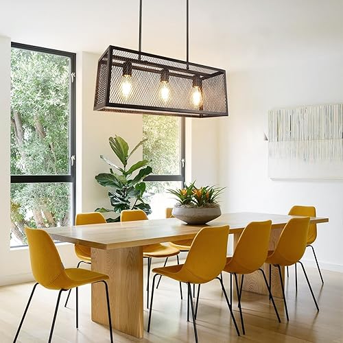 Miniatura 6 de Depuley Lámpara industrial para isla de cocina, candelabro de 3 luces, lámpara colgante de malla metálica ajustable para comedor, sala de estar,