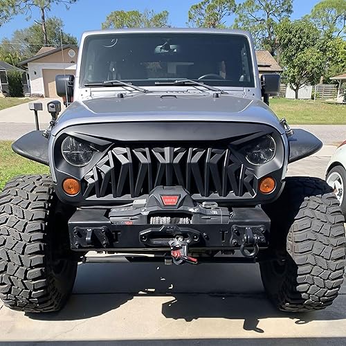 Miniatura 9 de American Modified Aggressive Front Shark Grille compatible con Jeep Wrangler 2007 a 2018, JKJKU, Rubicon y modelos deportivos Sahara, negro mate
