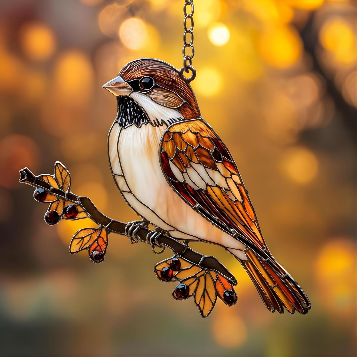 Eurasian Tree Sparrow Acrylic Suncatcher - Faux Stained Glass Indoor Window Hanging Ornament, Outdoor Sun Catcher Panel, Home Decor Gift for Bird Lovers