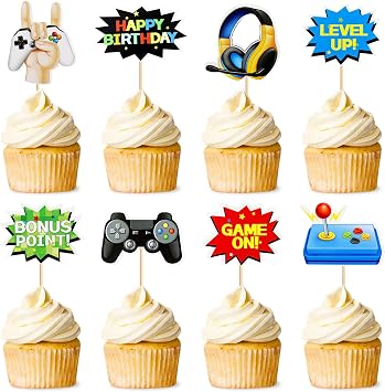 24Pcs Video Game Cupcake Toppers Game On Controllers Gamepad Cupcake Picks Decorations for Kids Boys Girls Birthday Gaming Fans Favors Party Decorations Supplies