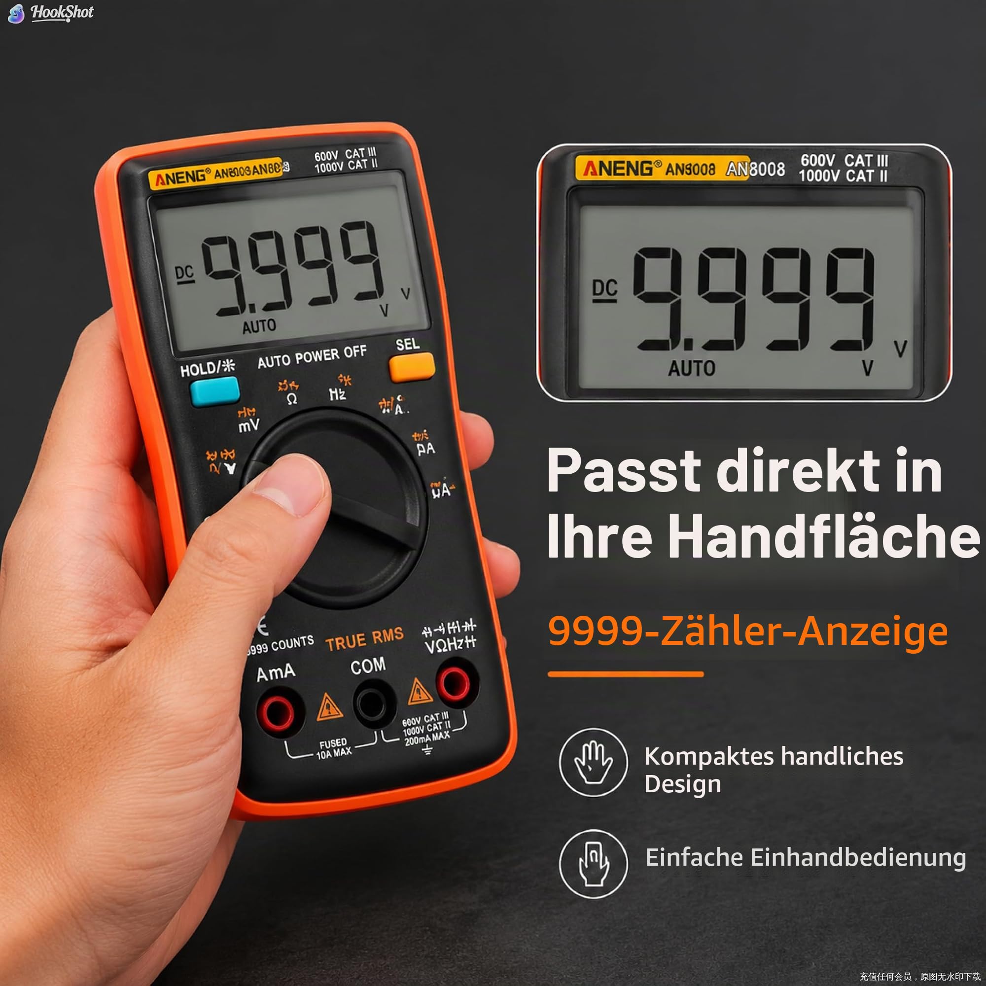 AN8008 Digital Multimeter mit 9999 Zählungen, Mit Großes LCD-Anzeige und faltbar Ständer, Strommessgerät Voltmeter, Misst genau Spannung Strom Widerstand Diode Durchgang