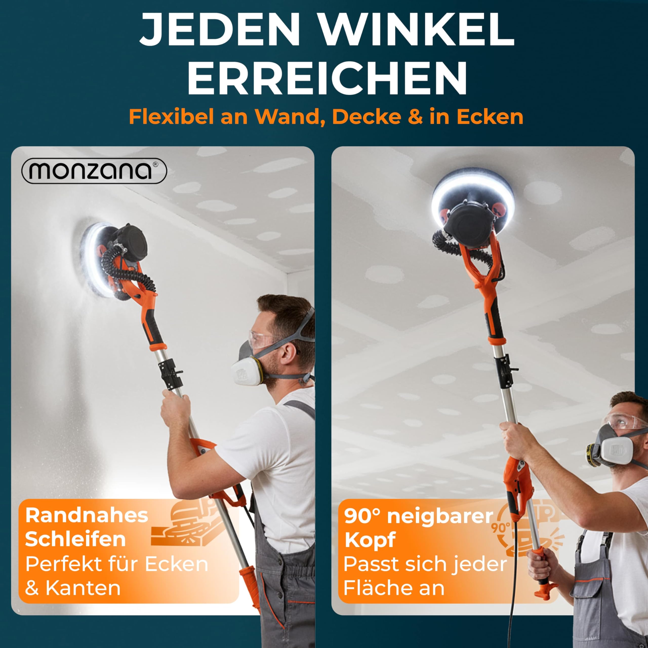 MONZANA® Trockenbauschleifer 750 Watt max Drehzahl 1750 U/min 12x Ø 225mm Schleifscheiben inkl Absaugbeutel LED-Licht Deckenschleifer Schleifmaschine
