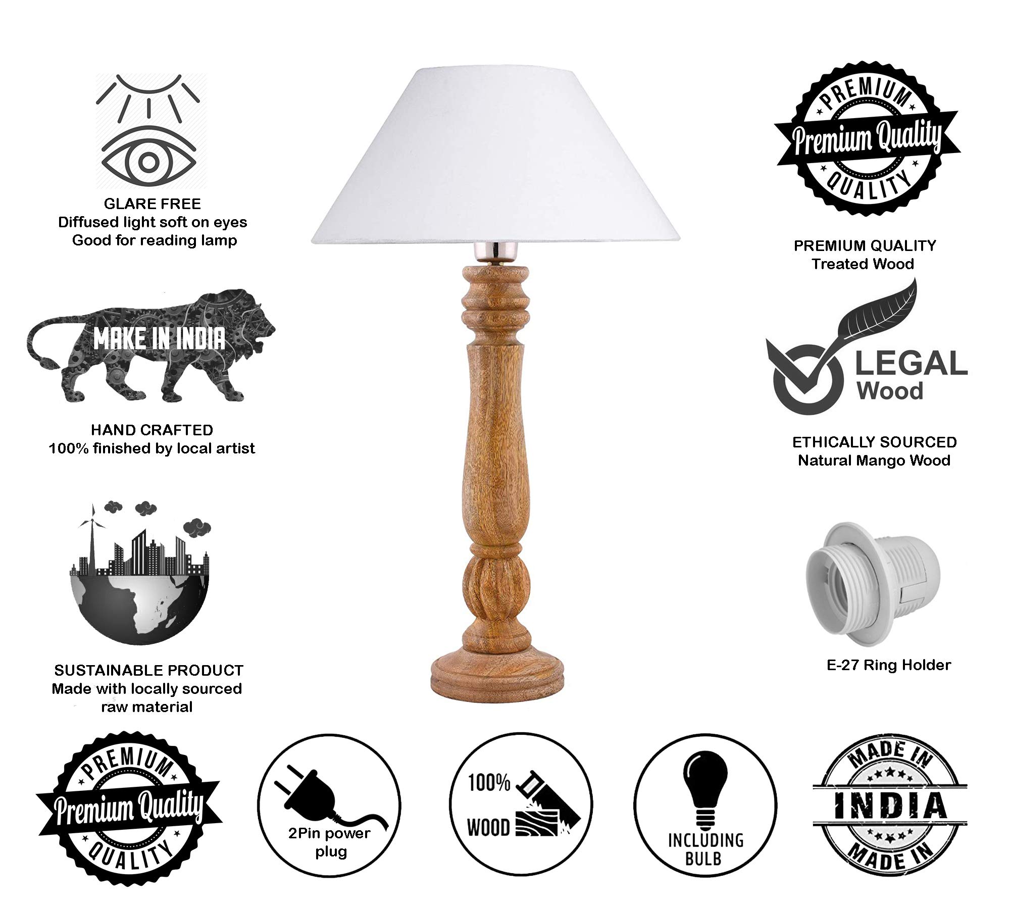 Homesake® Handcrafted Wooden Table Lamp for Bedroom & Living Room|Decorative Bedside Reading Lamp with, E27 Holder|Bulb Included|Classic Natural Victorian Base for Home Décor, White Shade 3