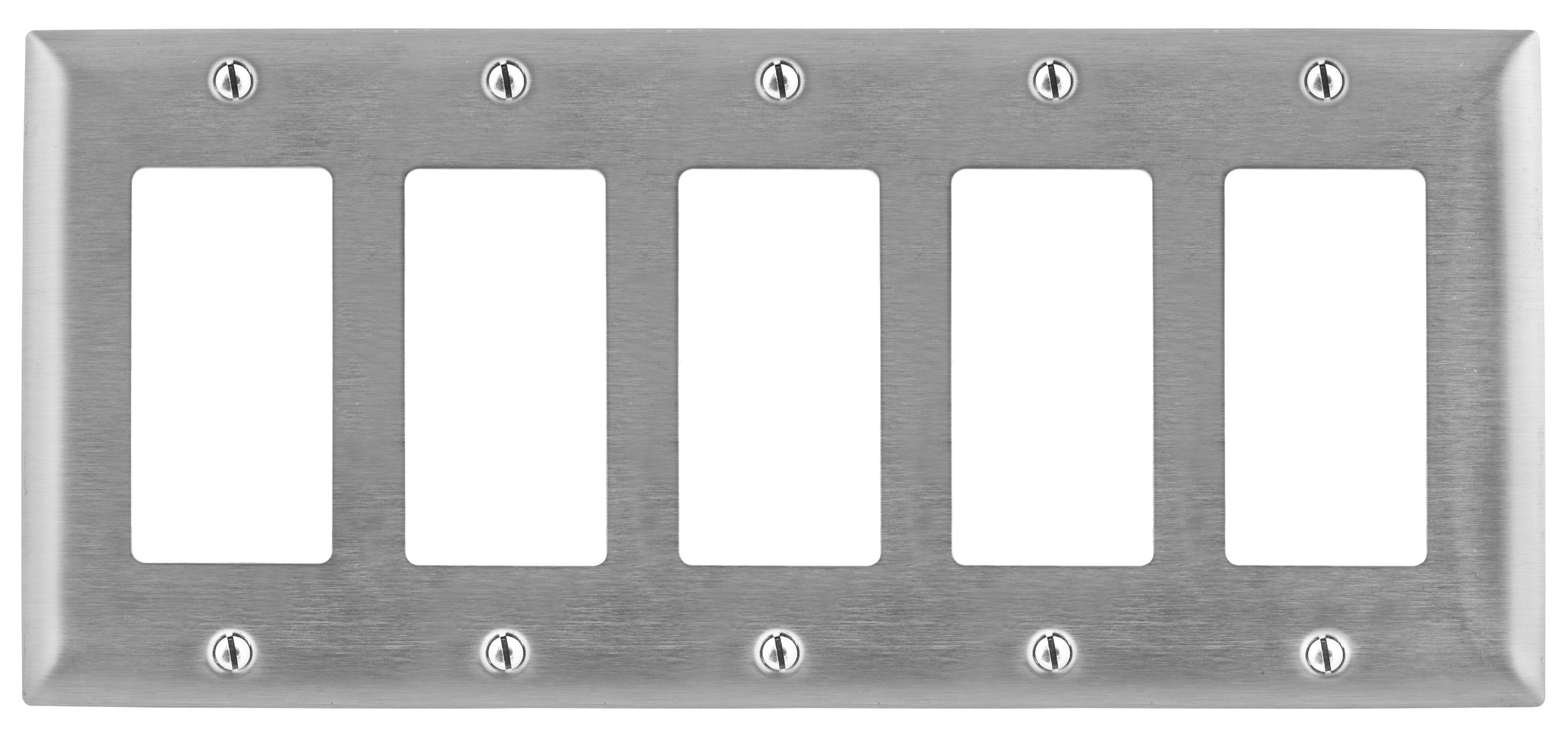 Bryant Electric SS265 Metallic Wallplate, 5-Gang, 5 Decorator/GFCI Openings, Standard Size, 302/304, StainlessSteel, With Removable White Protective Film
