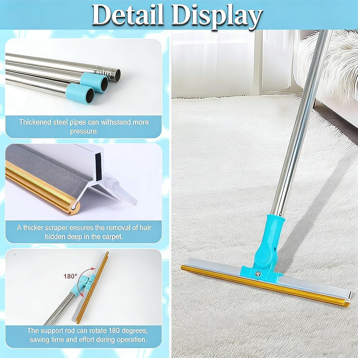 Pet Hair Removal Carpet Rake, 2-in-1 Pet Hair Removal Tool with Water Brush, Adjustable Handle, Dog and Cat Brush and Scraper, Suitable for Carpets, Floor Mats, Sofas, Furniture and Car Interiors