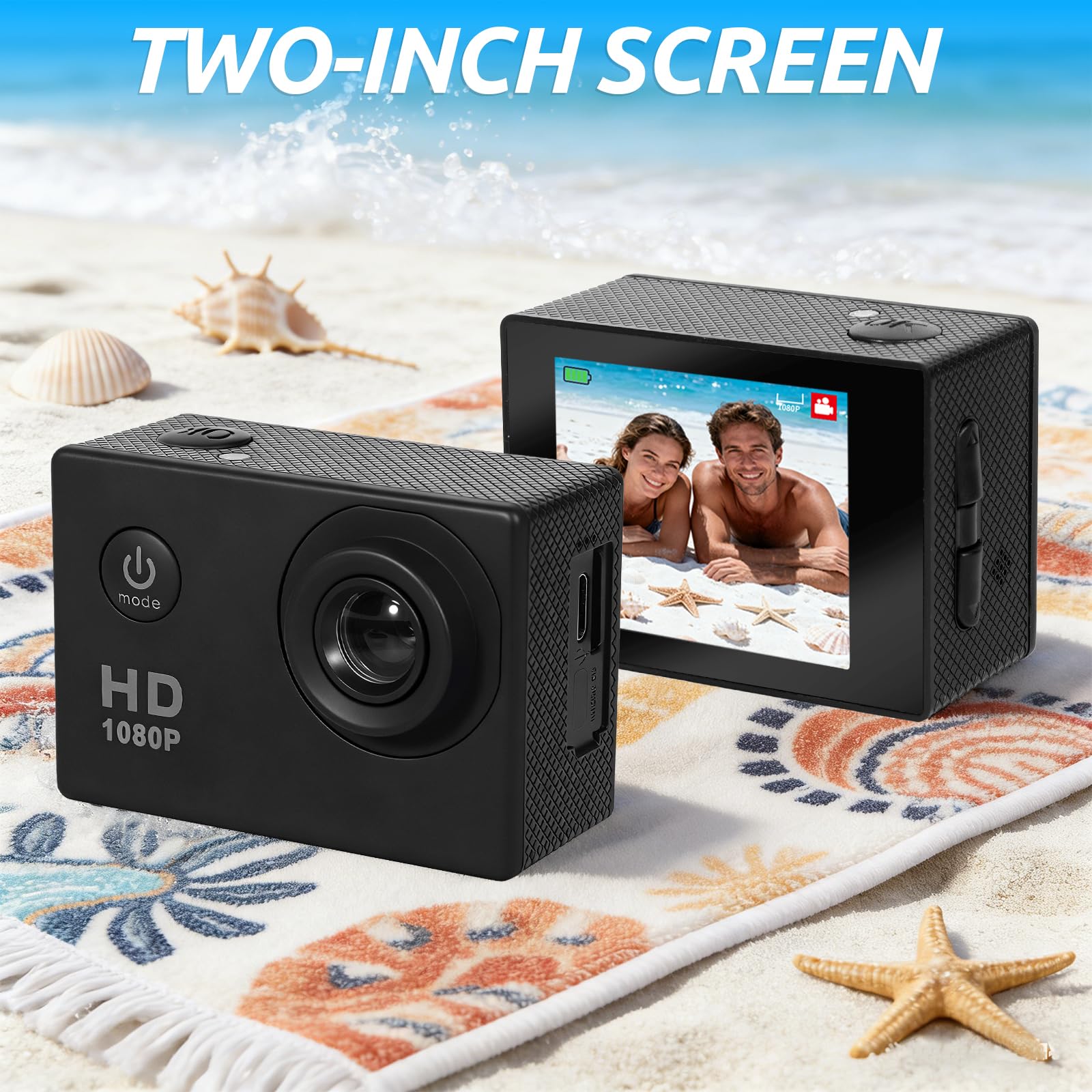 Caméra Sport 1080P Etanche 30M Grand Angle avec Carte Mémoire 32GB et Deux Piles Rechargeables 900mAh
