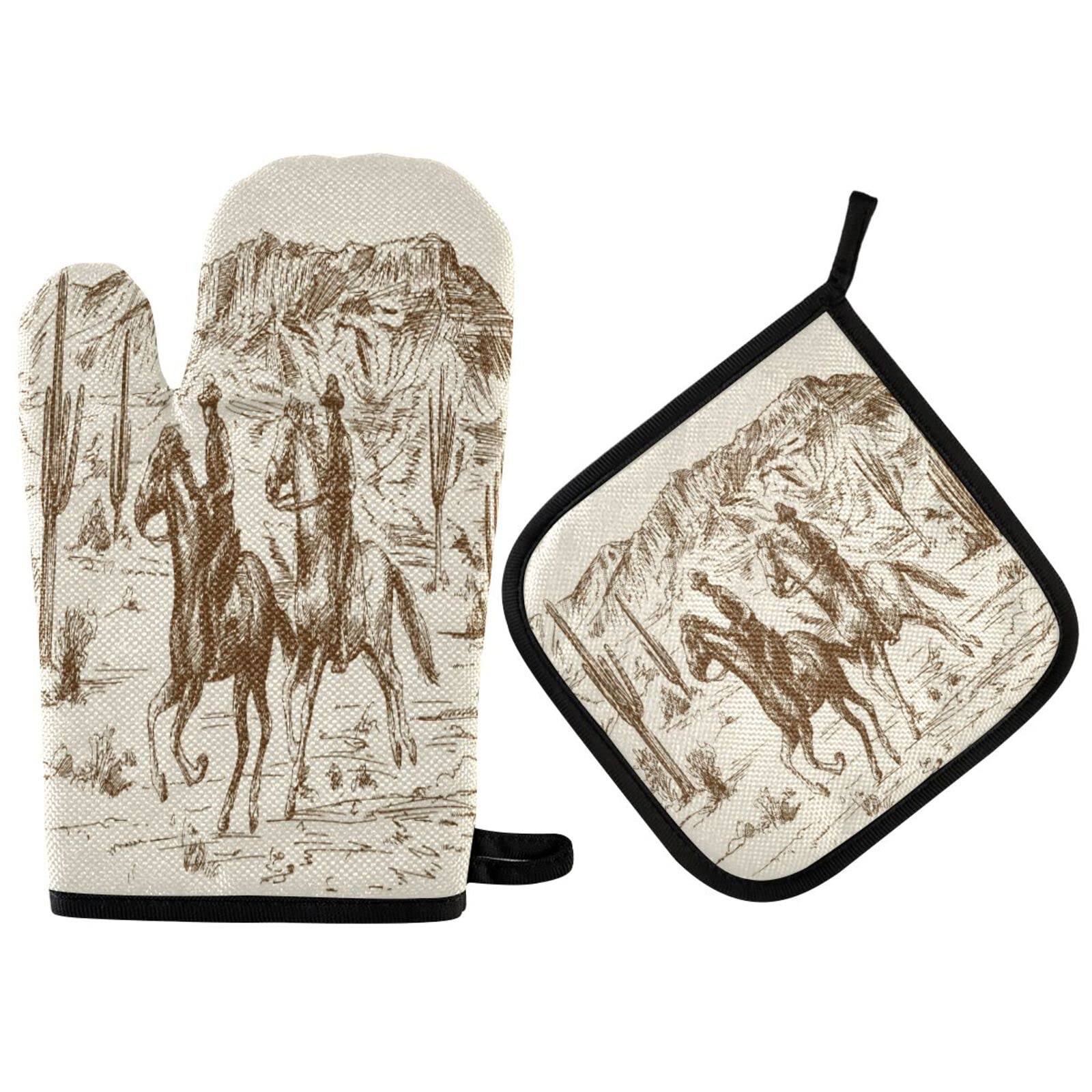 Kcldeci American Wild Western Desert Cowboy Oven Mitts and Pot Holders Kitchen Oven Glove BBQ Gloves for Cooking/Kitchen/Baking, Pack of 2
