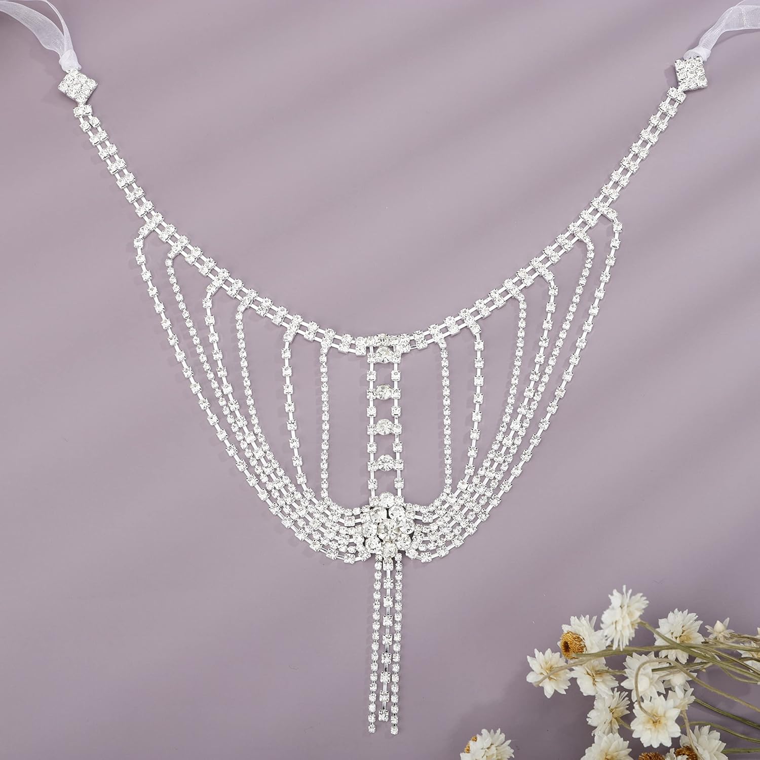 YERTTER Sparkly Silver Layered Tennis Chain Body Chain Tassel Rhinestone Shoulder Chain Body Chain Accessories Jewelry Crystal Bikini Chain for Women Brides Prom Costume(Silver 4) - Image 4