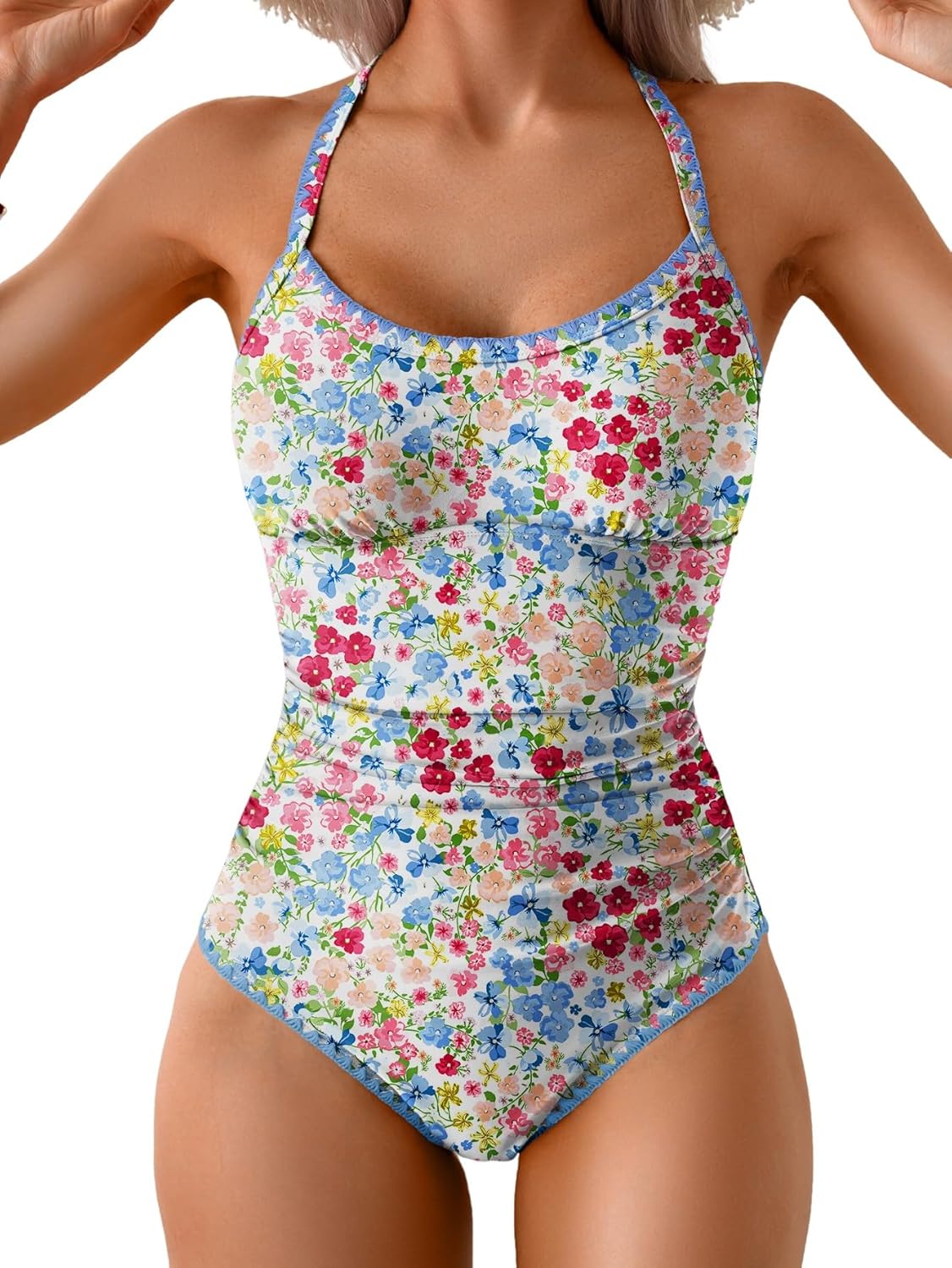 Eomenie Women's One Piece Swimsuit Tummy Control Slimming Bathing Suit Ruched Swimwear Tie Back Shell Stitch Swim Suit