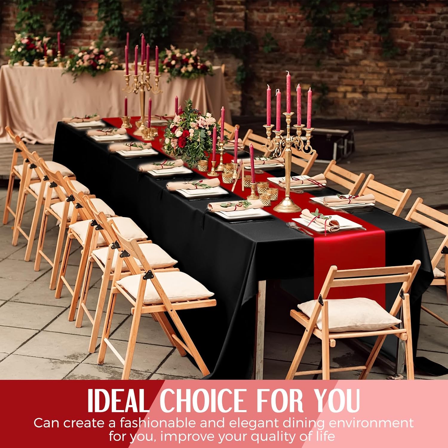 Tudomro 12 Pcs Black and Red Disposable Plastic Tablecloths and Satin Table Runner Set, 54 x 108 Inch Tablecloth, 12 x 108 Inch Table Runners for Wedding Baby Shower Birthday Party