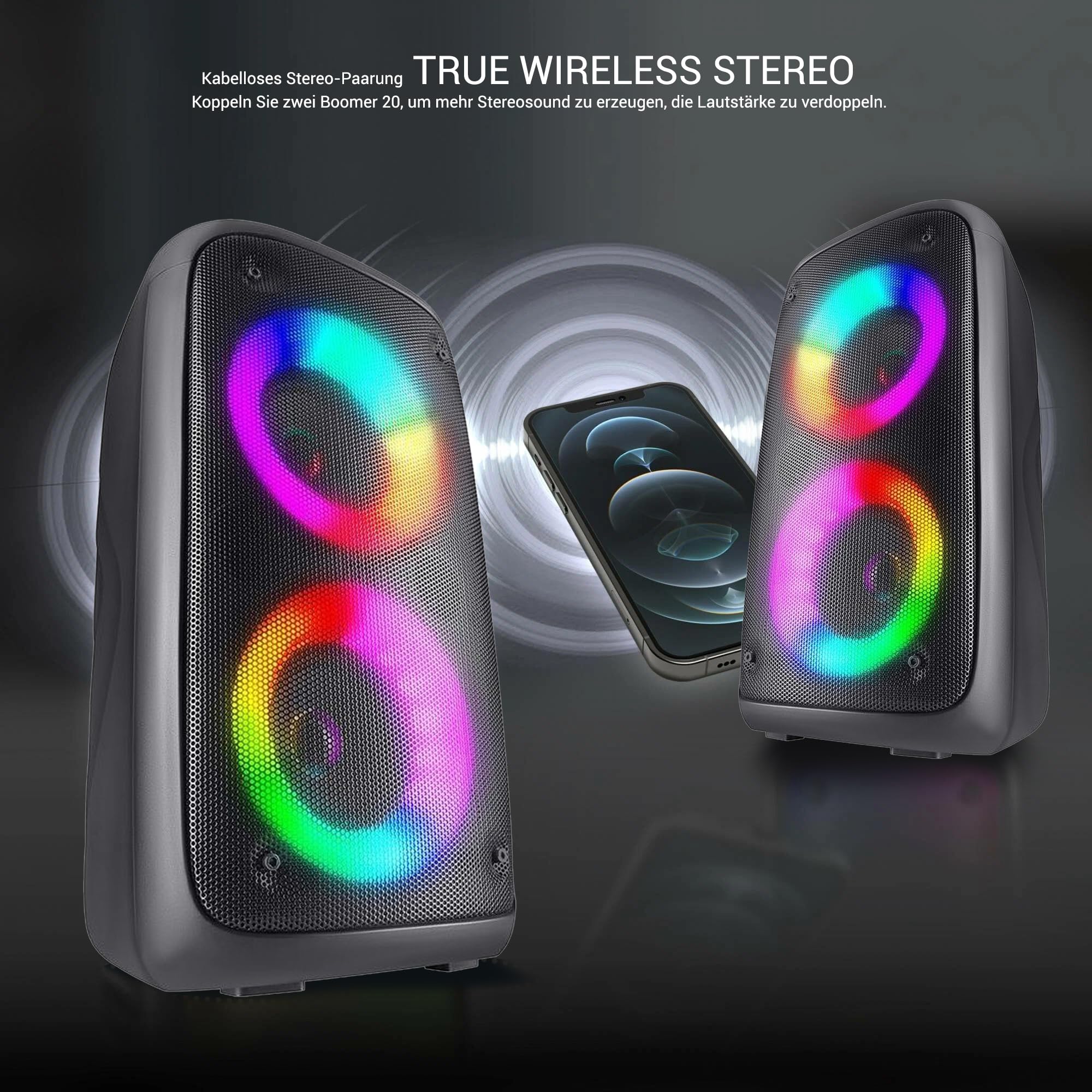 DEFENDER Altavoz Boomer 20 Bluetooth de 20 W de luz/BT/FM/USB/AUX/MIC