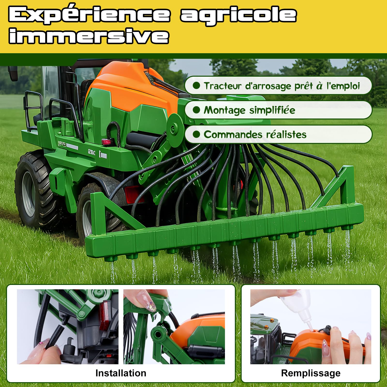 Ulikey Tracteur Enfant Télécommandé avec Irrigation, Jouet Ferme Voiture Télécommandé avec Lumière et Son pour 3-9 Ans Garçons Filles