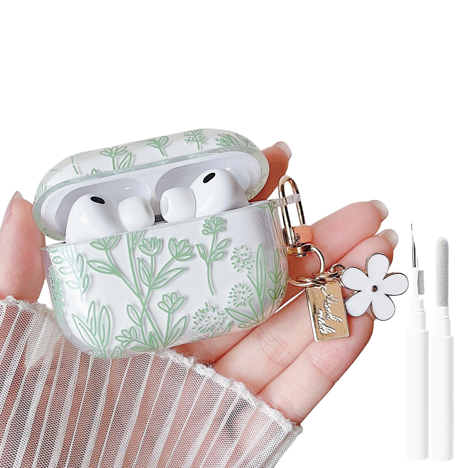 MINSCOSE for AirPods Pro 3rd Generation Case (2025),Cute Flower Floral Aesthetic Design with Floral Keychain with Cleaner Kit for Girls Women for AirPods Pro 3-Green