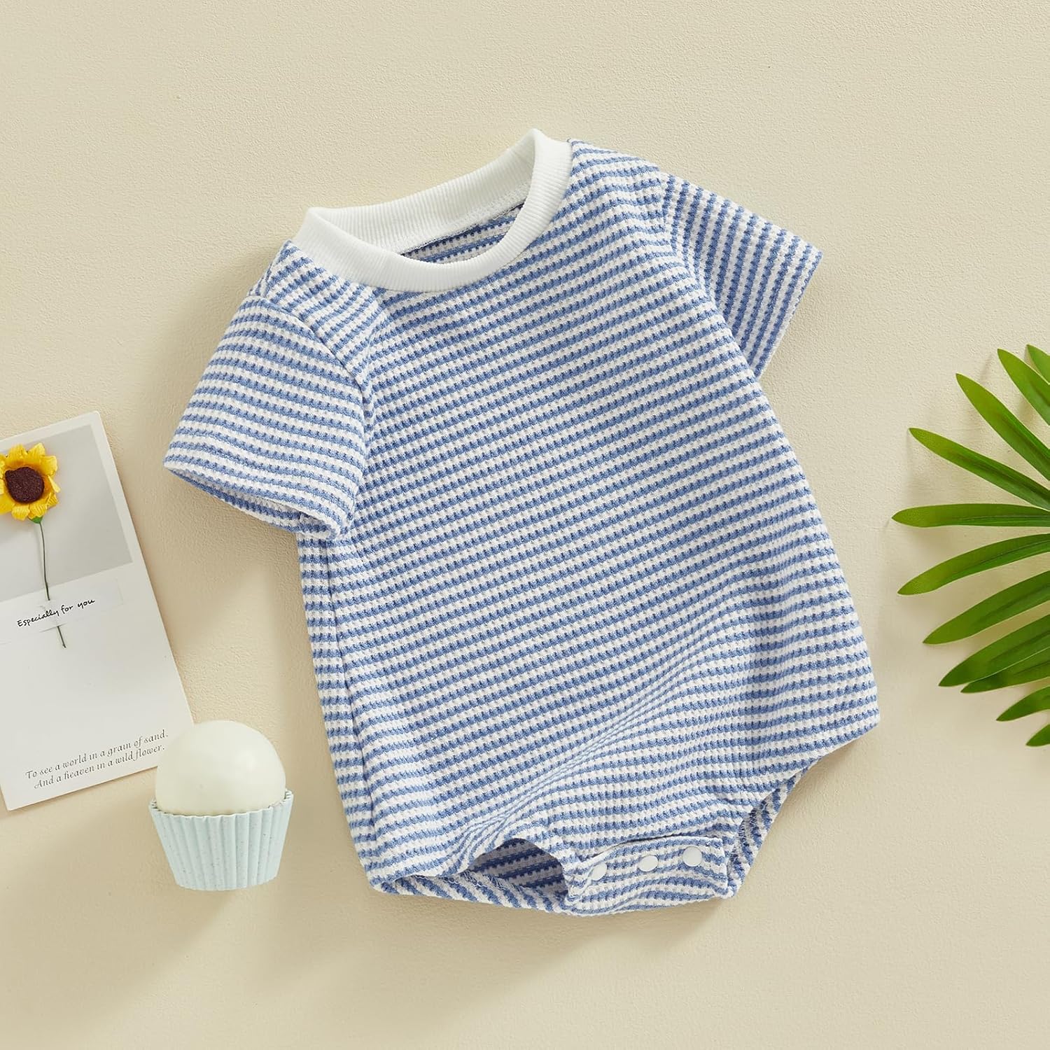 Newborn Baby Girl Boy Clothes Short Sleeve Stripe Bubble Romper Waffle Bodysuit Tshirt Cute Summer Outfit - Image 6