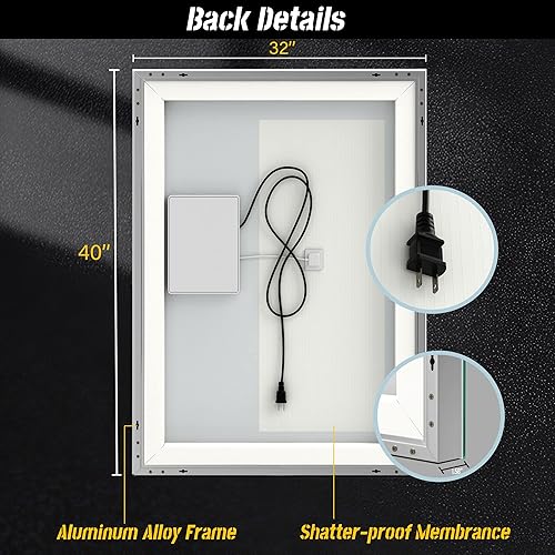 Miniatura 4 de NeuType Espejo LED de 40 x 32 pulgadas para baño, espejo de baño montado en la pared con luces, espejo de tocador de baño con botón táctil, espejo