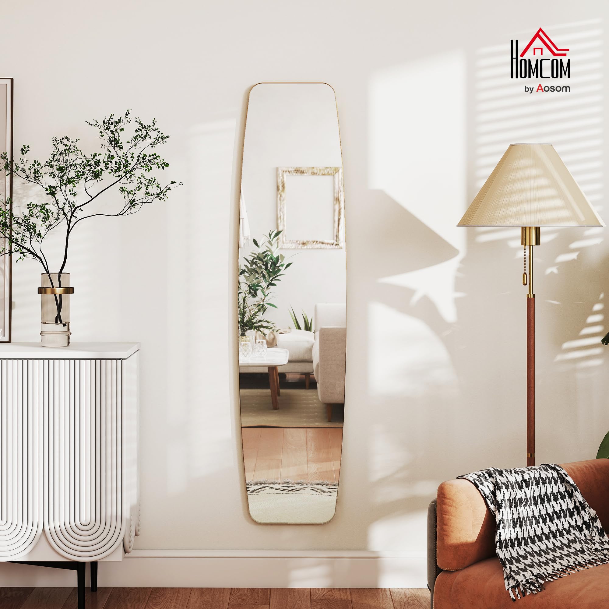 HOMCOM Grand Miroir Mural Ovale 160 x 40 cm, Miroir Suspendu Moderne, Cadre en métal et Bois, prêt à accrocher, pour Chambre, Salon, Dressing, entrée, doré