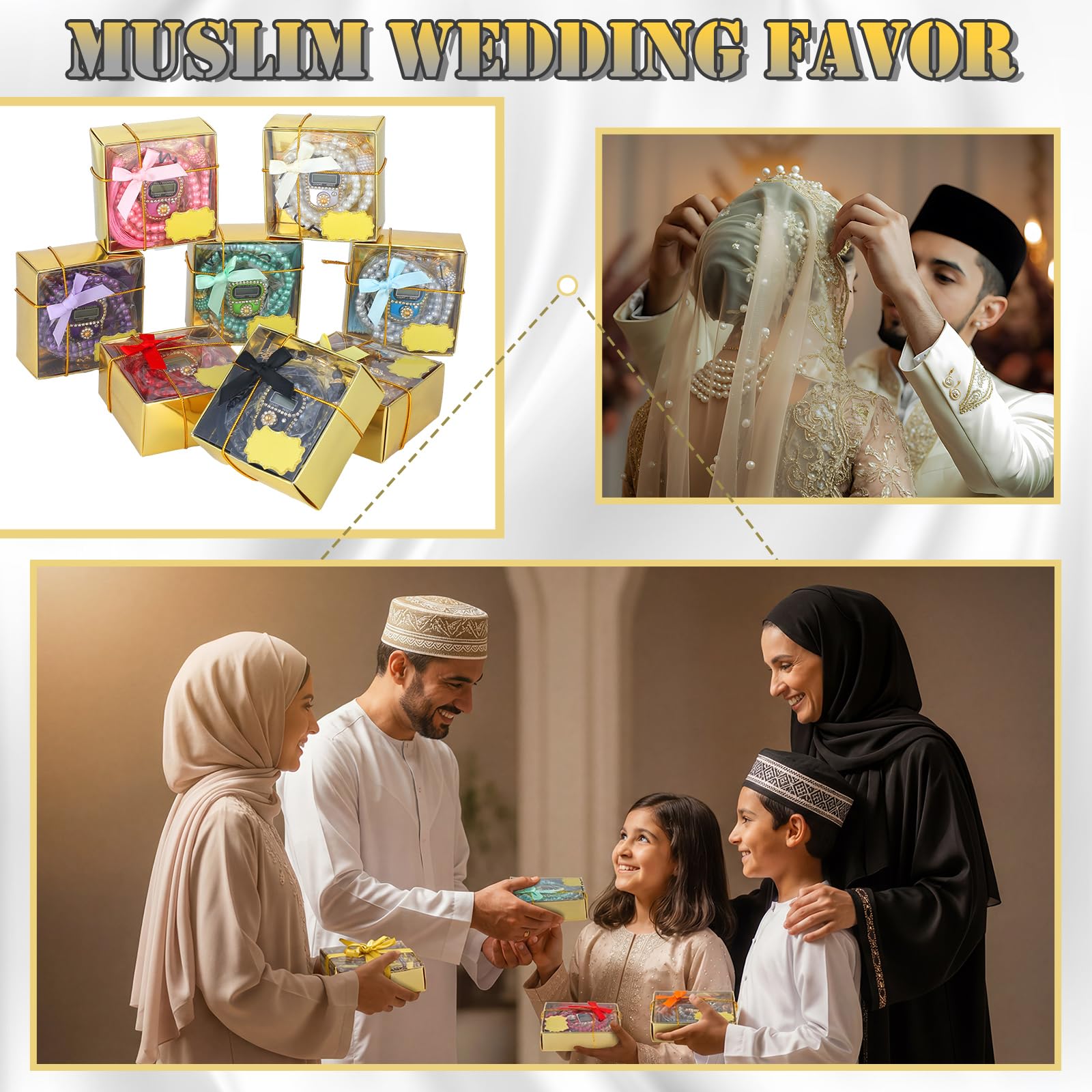 MTLEE 20 Sets muslimische Gebetsperlen für Hochzeiten mit digitalem Zähler | Tasbih Theke mit Goldboxen, Dankeskarten, Bändern, für Eid Ramadan Umrah Islamische Zeremonie, elegantes Paket