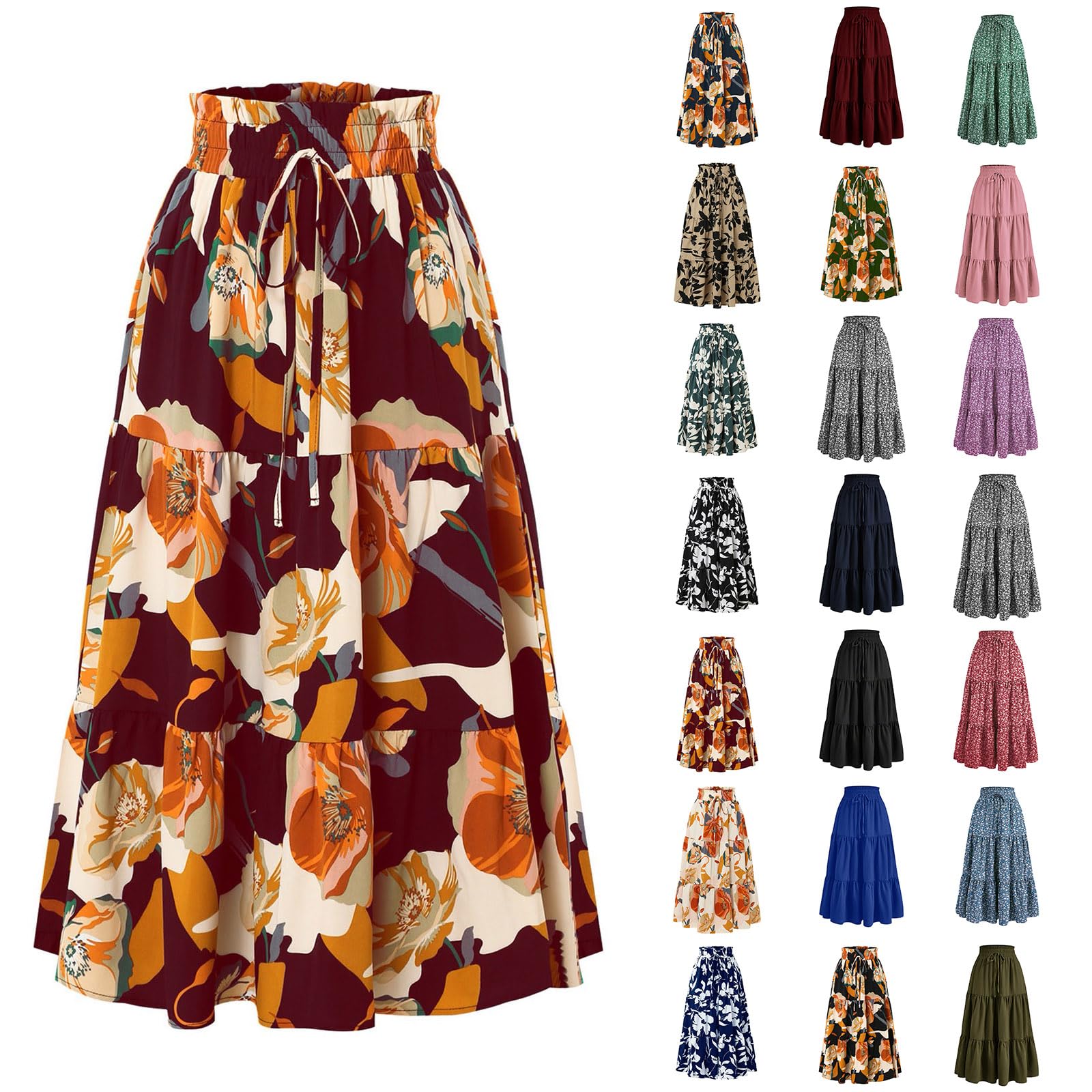 Floral Maxi Skirts for Women Trendy Summer Boho Tiered Long Flowy Skirt Drawstring High Waisted Swing A-Line Skirt
