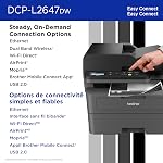 Brother DCP-L2647DW Imprimante laser monochrome compact sans fil, 250-Sheet Bac à papier, 50-Page Auto Document Feeder, double bande WiFi, Toner bonus - 1200 Imprimés