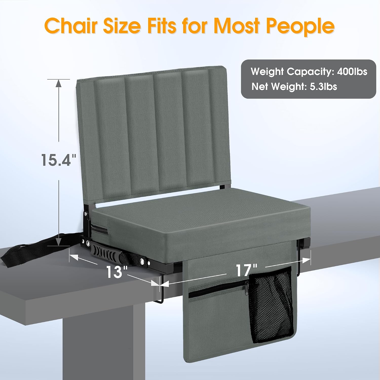 Stadium Seat for Bleachers with Back Support, Portable Bleacher Seat with Wide Comfy Padded Cushion, Metal Hook, Folding Stadium Chair with Shoulder Strap, Carry Handle, Cup Holder, Gray thumbnail