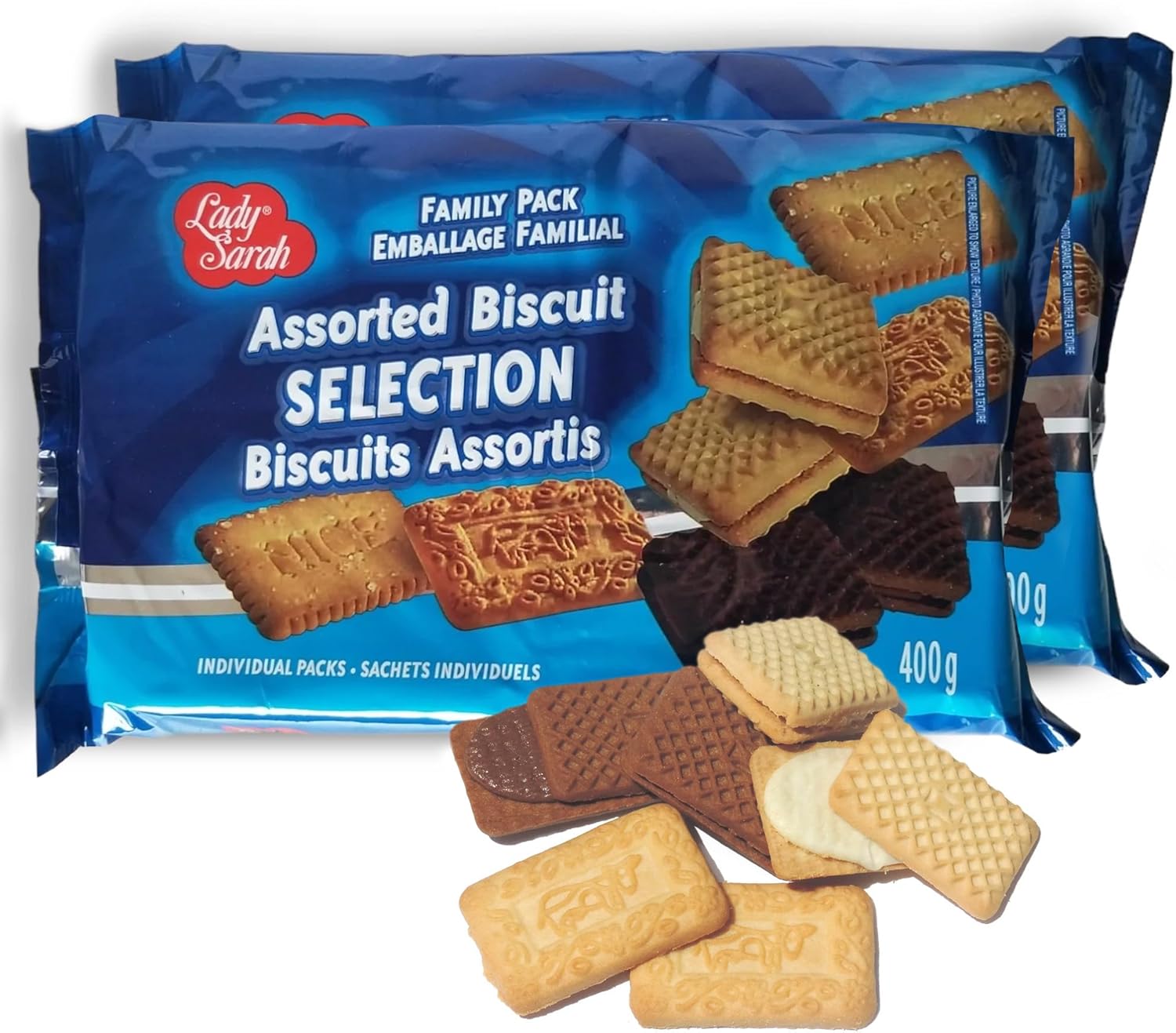 Lady Sarah Assorted Biscuits Family Pack – Chocolate & Custard Cream Cookies, Malt Flavored Nice Biscuits – Perfect Party Snack, 800G (2 Cookies Bags x 400G)