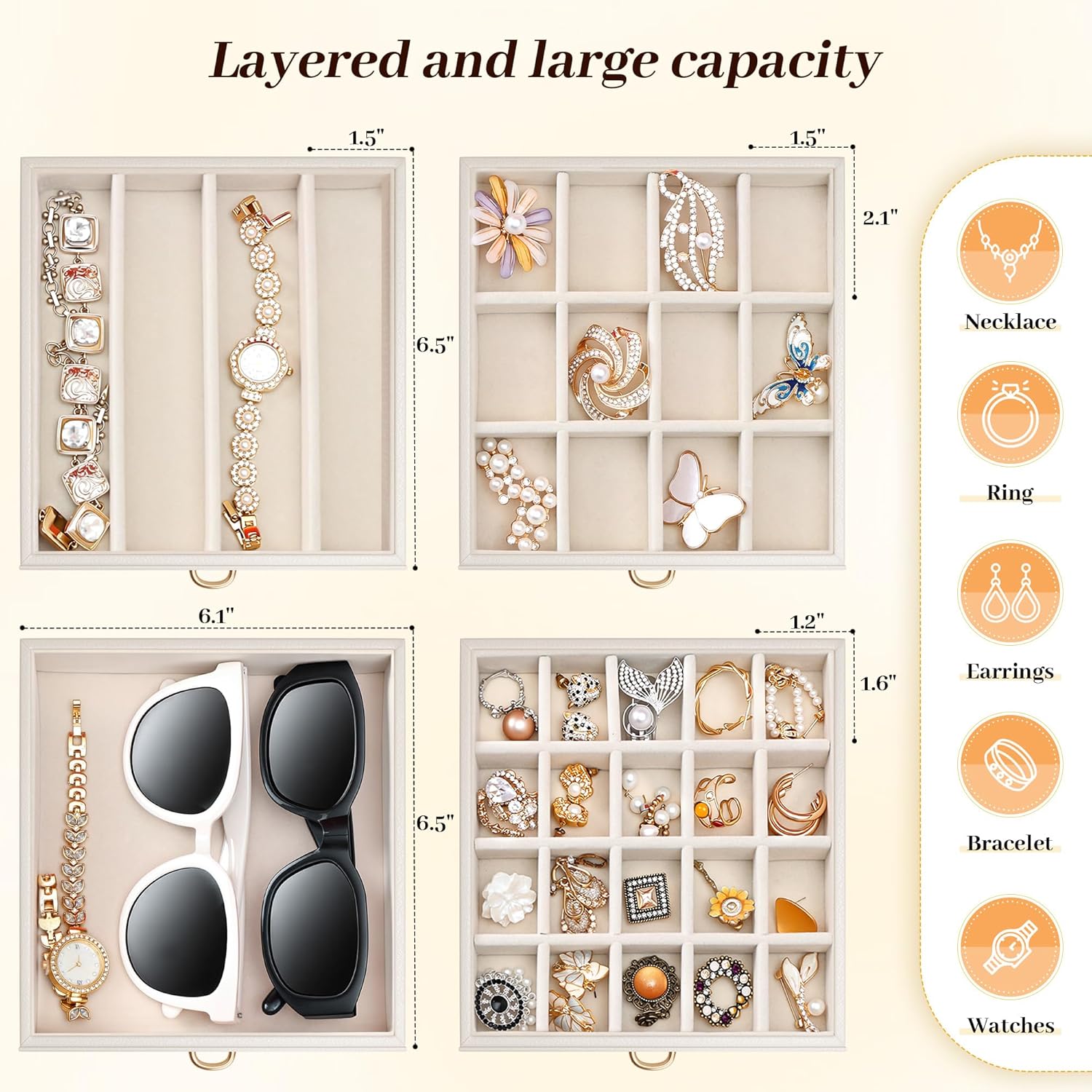 EnHomee Jewelry Box for Women, 5-Layer Large Jewelry Organizer with Mirror & 4 Drawers for Rings, Earrings, Necklaces, Bracelet Lockable Case with Lock (White + Gold)