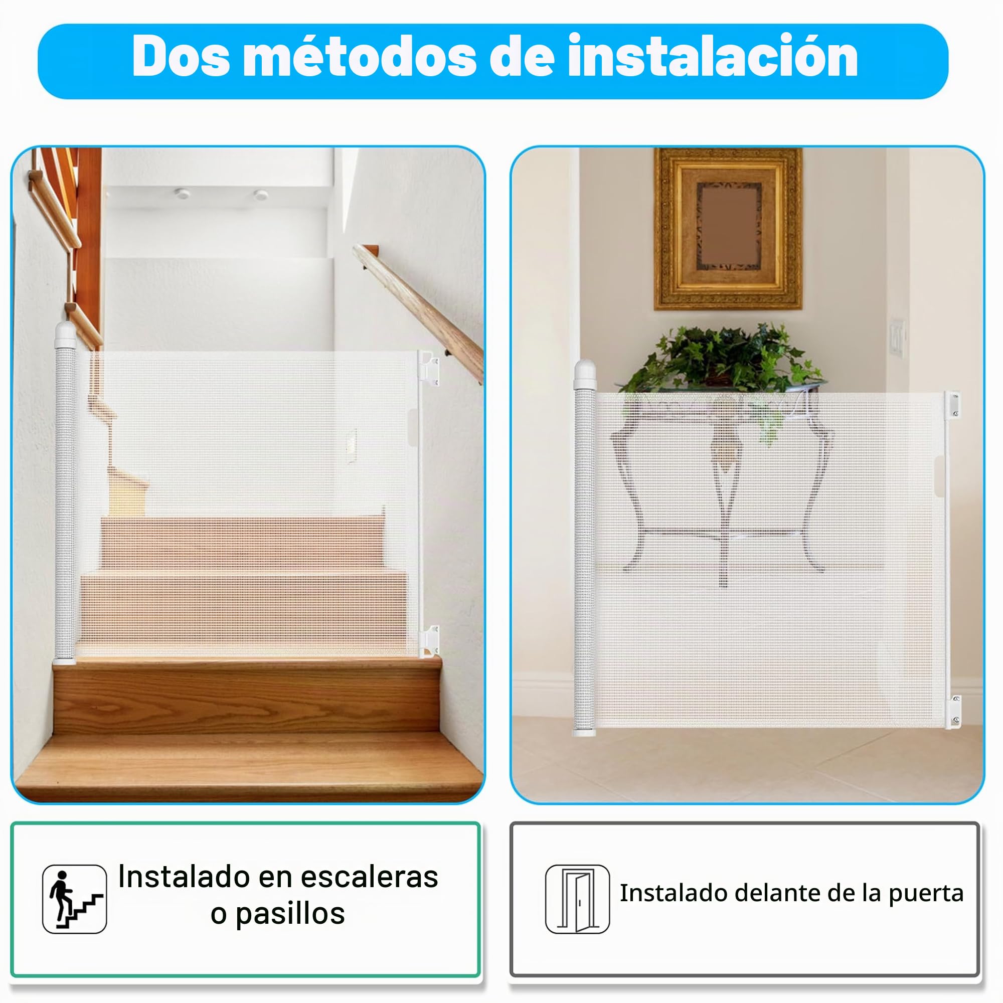 Rejilla de protección para escaleras, extensible para bebés y mascotas, protección para escaleras, puertas, interiores y exteriores (0-180 cm, 87 cm de alto, blanco)