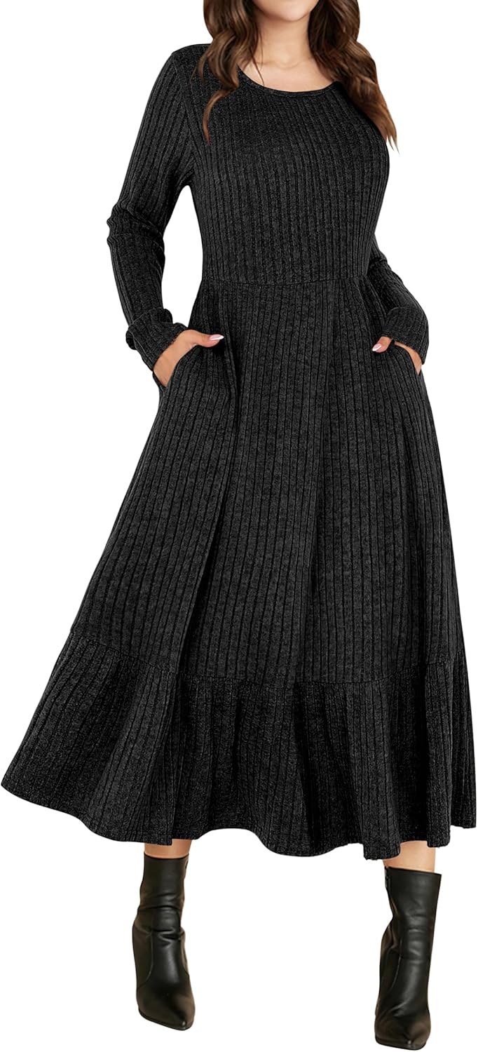 ANRABESS Womens Long Sleeve Midi Dress 2025 Fall Rib Knit Crew Neck A Line Soft Flowy Swing Dresses with Pocket Casual Trendy Black Medium